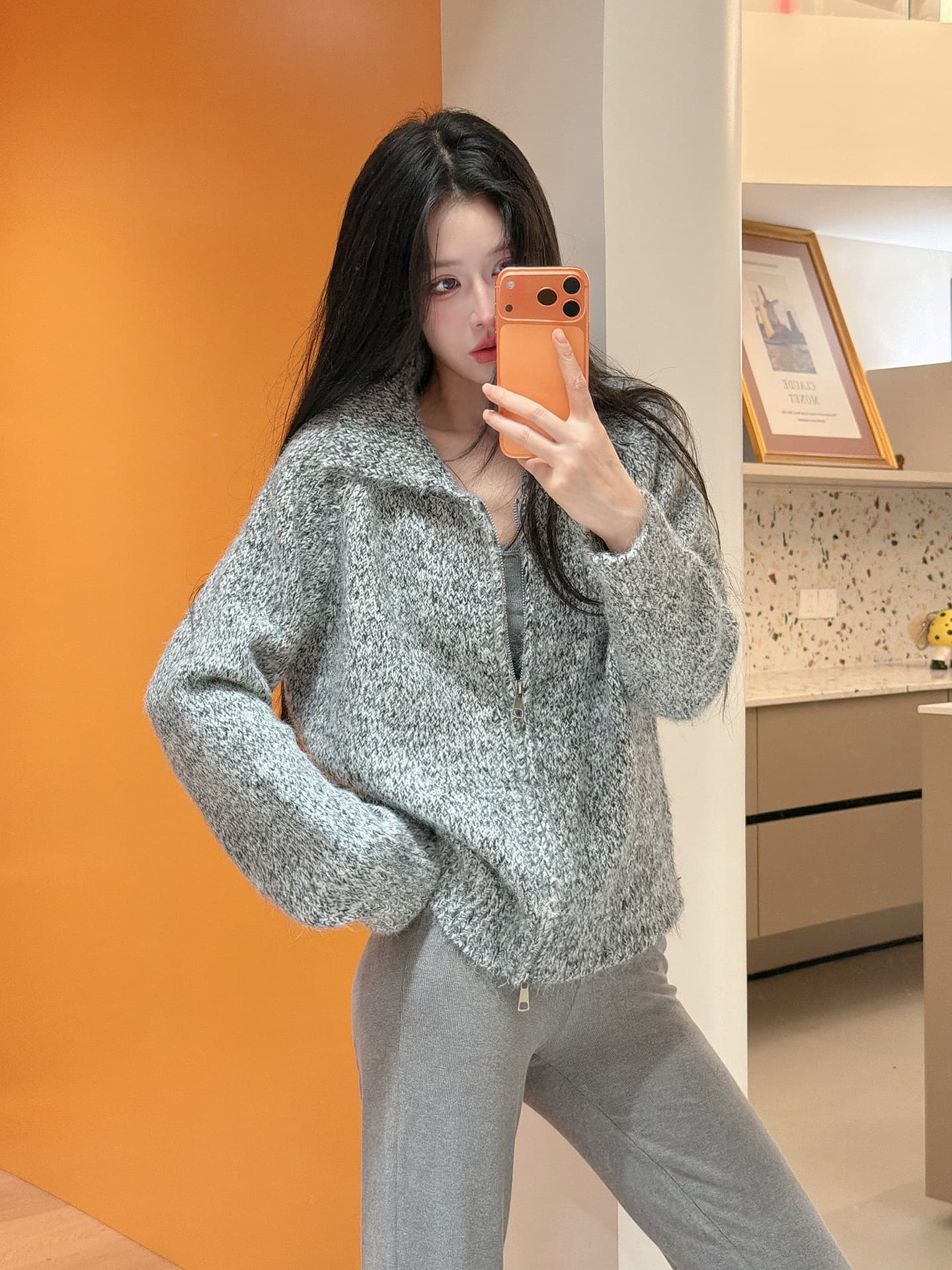 26 가을과 겨울 부드러운 찹쌀 긴 머리 꽃 실 폴로 칼라 스웨터 여성 코트 느긋한 루즈핏 두꺼운 더블 지퍼 니트 오픈 가디건 상세 이미지 6
