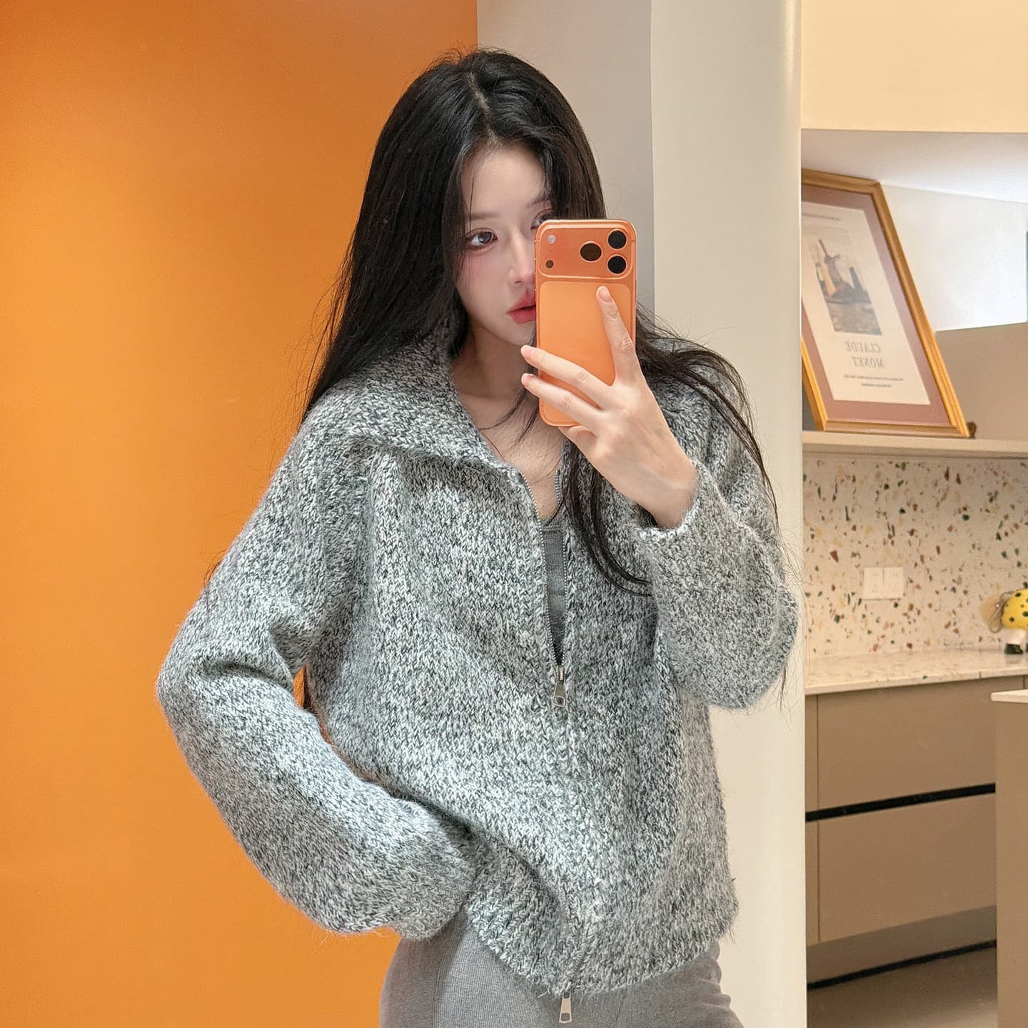 26 가을과 겨울 부드러운 찹쌀 긴 머리 꽃 실 폴로 칼라 스웨터 여성 코트 느긋한 루즈핏 두꺼운 더블 지퍼 니트 오픈 가디건 이미지 5