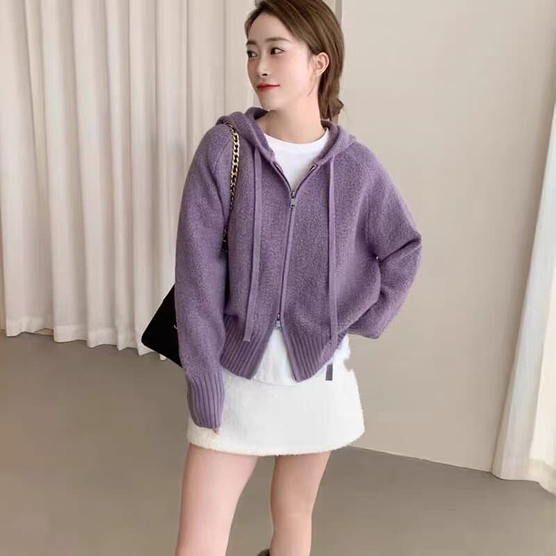 가을 겨울 새로운 여성 한국 스타일 루즈핏 패션 단색 후드 오픈 가디건 다용도 캐주얼 두꺼운 더블 지퍼 스웨터 코트 이미지 2
