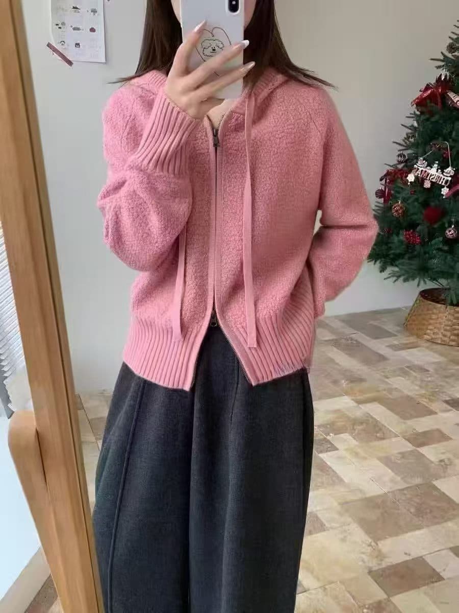 가을 겨울 새로운 여성 한국 스타일 루즈핏 패션 단색 후드 오픈 가디건 다용도 캐주얼 두꺼운 더블 지퍼 스웨터 코트 이미지 4