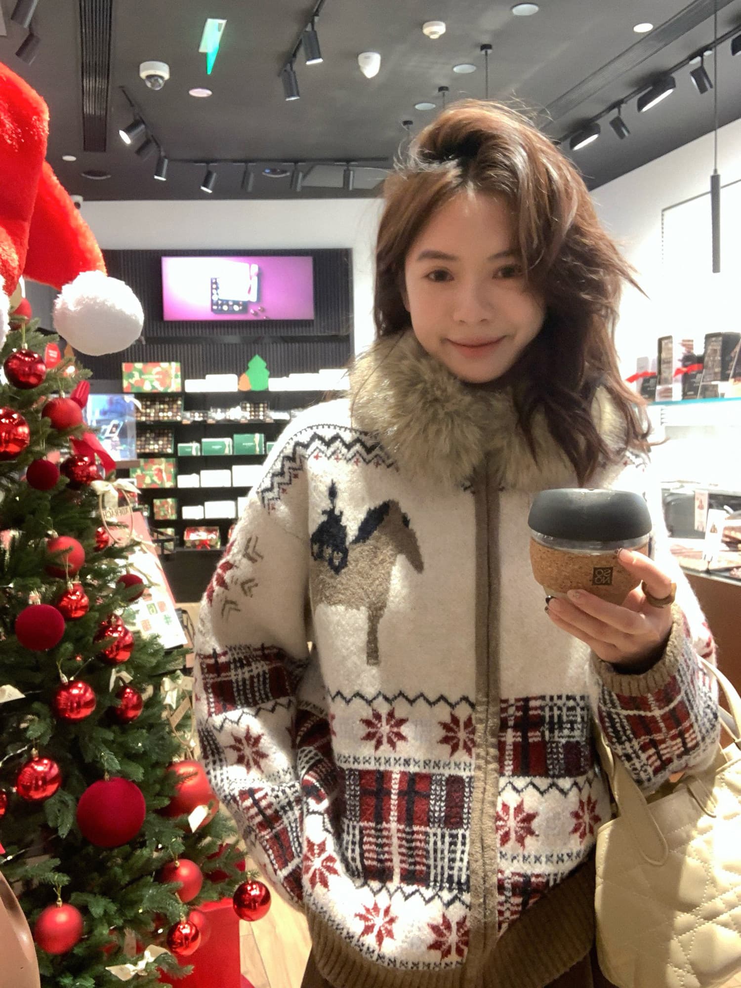 공정한 섬 후드 모피 칼라 스웨터 여성 코트 가을 겨울 보온 외출용 니트 오픈 가디건 느긋한 바람 레트로 맨위 상세 이미지 1