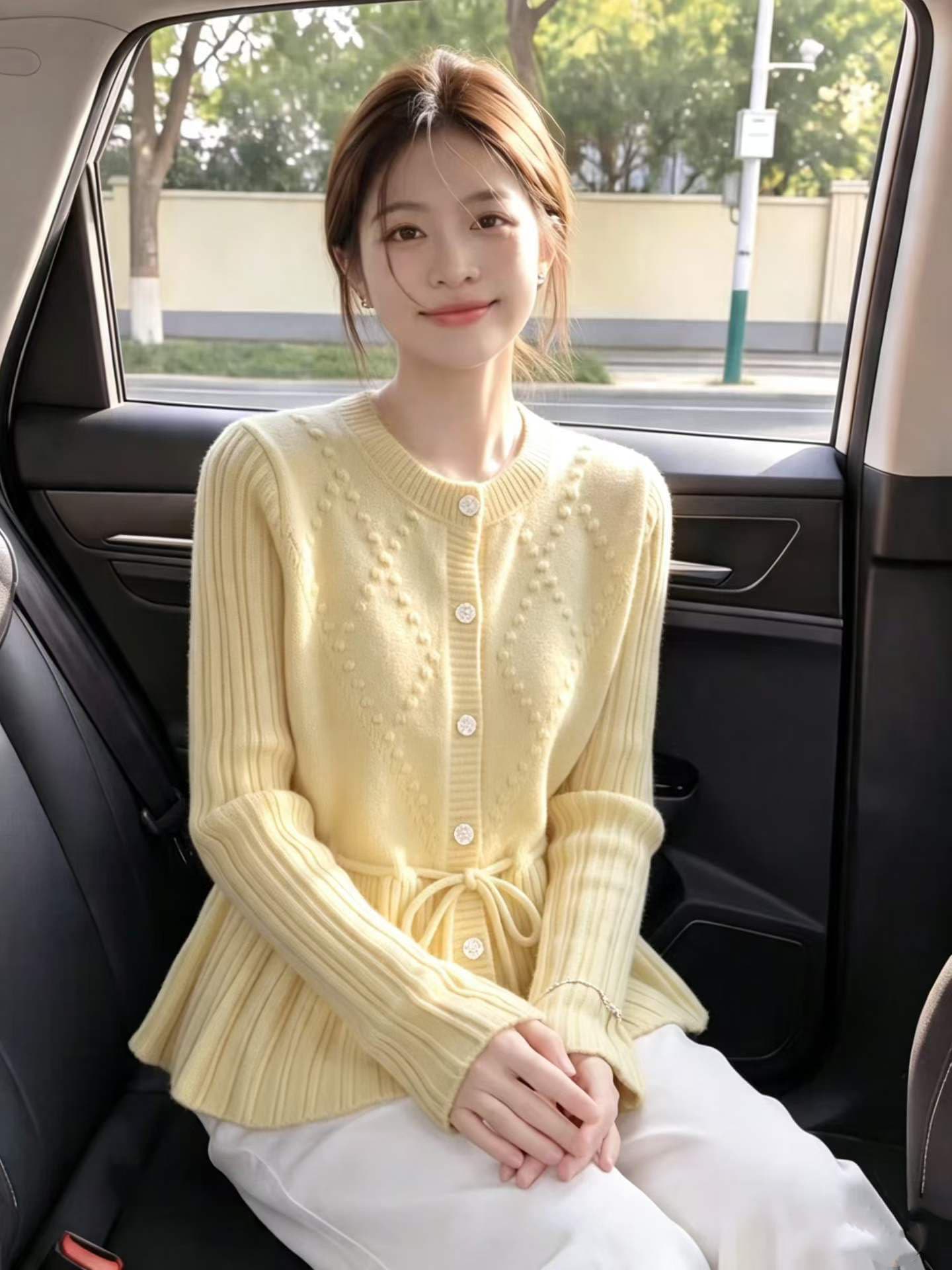프랑스식 연꽃 잎 레이스 구덩이 기사 허리 수축 스트랩 링 그리드 니트 오픈 가디건 여성 가을 한 부서 라운드 넥 싱글 줄 버튼 맨위 이미지 3