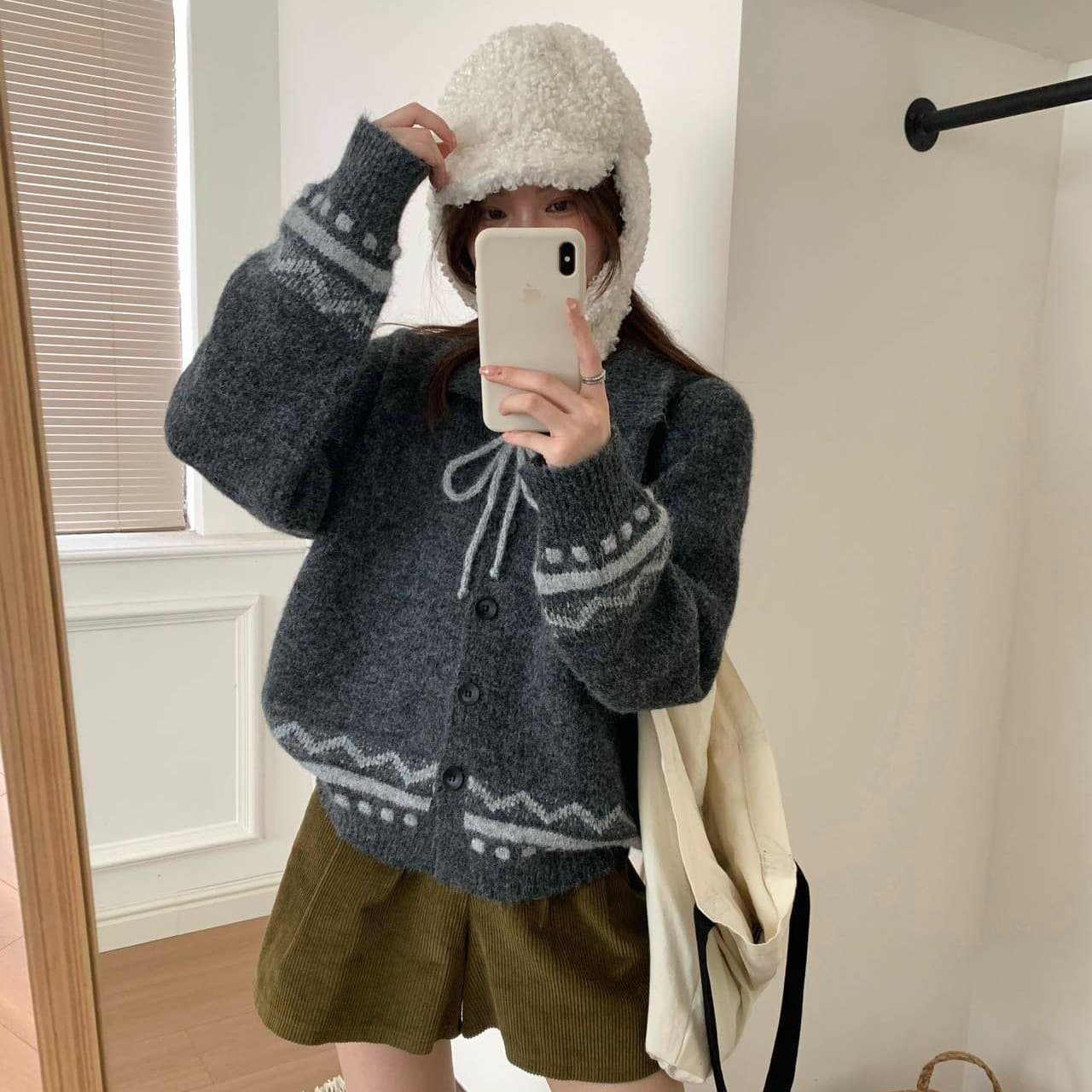 한 부서 분위기 센스 폴로 칼라 자카드 스웨터 오픈 가디건 여성 레이스업 문 襟 웨이브 루즈핏 레트로 부드러운 찹쌀 니트 재킷 이미지 5