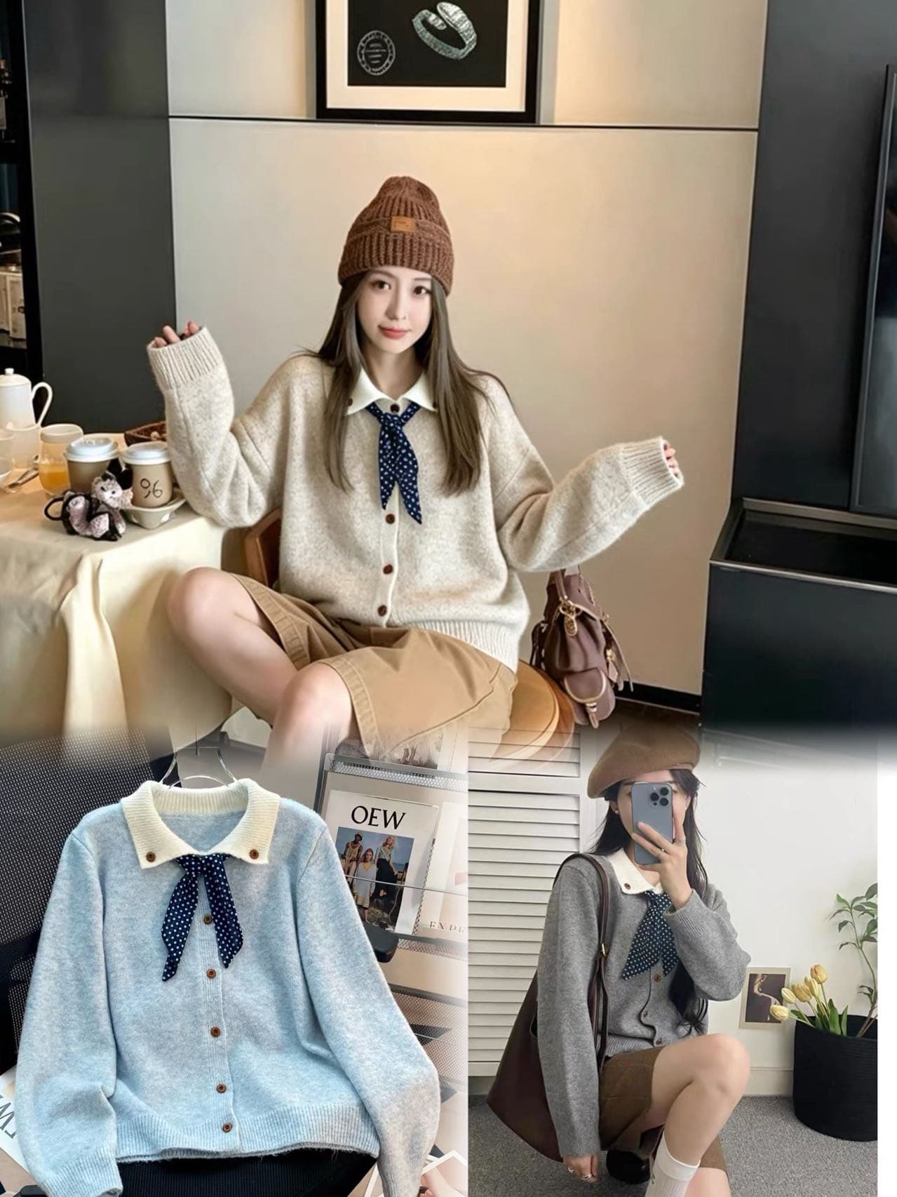 프랑스식 POLO 칼라 니트 오픈 가디건 여성 가을 겨울 부드러운 바람 도트 무늬 나비 넥타이 와이드 부드러운 찹쌀 스웨터 외부 잡아라. 의류 이미지 4