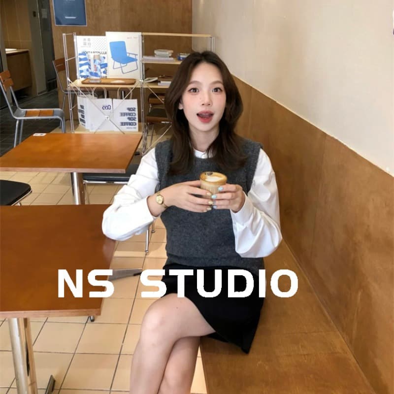 민소매 맨위 회색 조끼 베스트 어깨 스택 착용 느긋한 바람 니트 스웨터 풀오버 스웨터 여자 가을 이미지 5