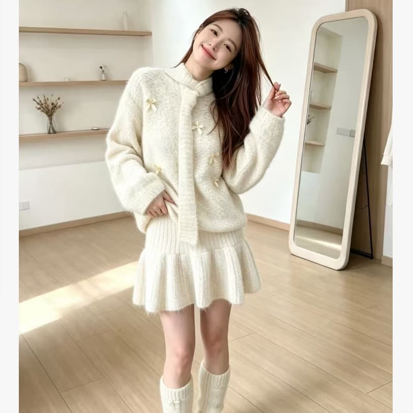 한 부서 전체 집합 착용 가져 가라. 스웨터 세트 무거운 작업 나비 매듭 연령 감소 니트 미니 스커트 보내기 스카프 양말 사피스 세트 이미지 2