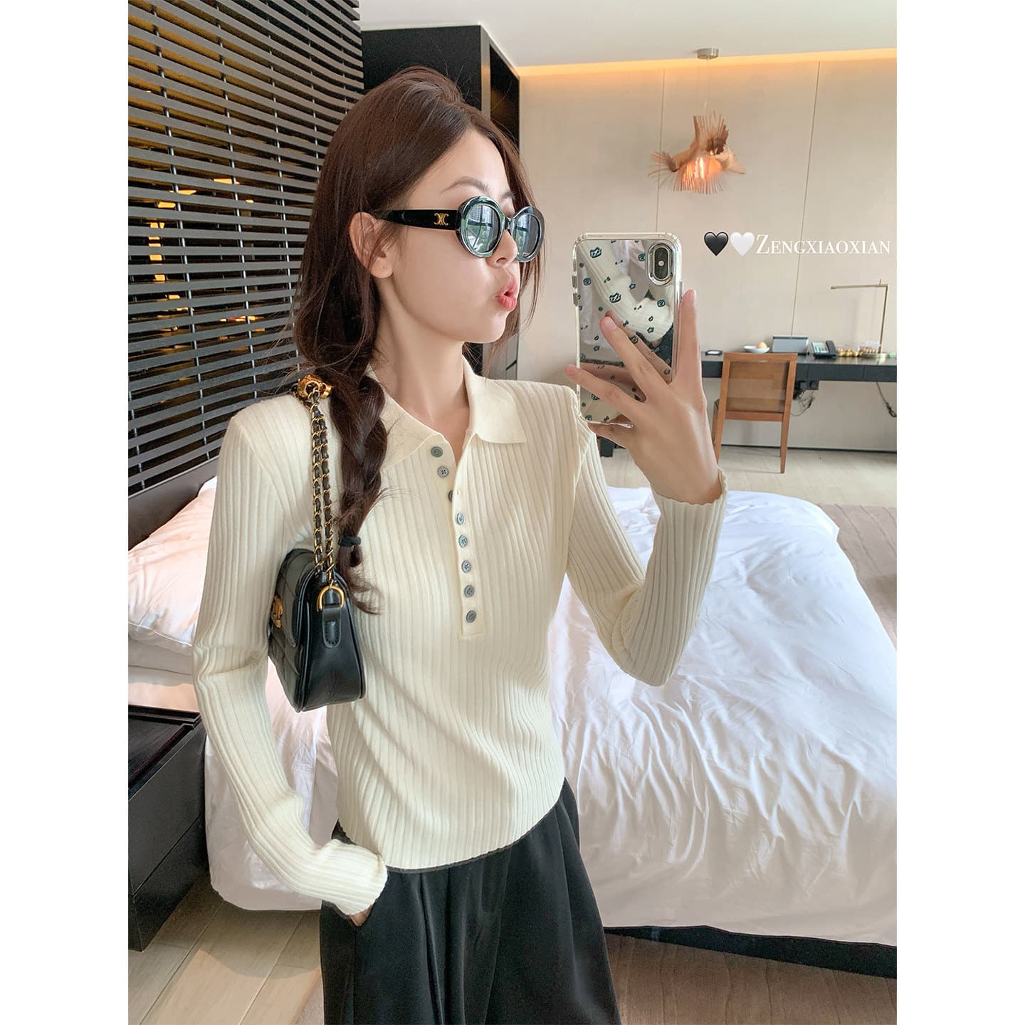 한 부서 POLO 칼라 긴팔 인사이드 가져 가라. 니트 스웨터 여성 몸매 가꾸기 기본 셔츠 외부 가져 가라. 이른 가을 착용 잡아라. 의류