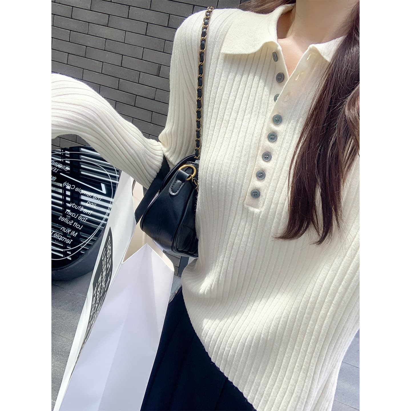 한 부서 POLO 칼라 긴팔 인사이드 가져 가라. 니트 스웨터 여성 몸매 가꾸기 기본 셔츠 외부 가져 가라. 이른 가을 착용 잡아라. 의류 이미지 2