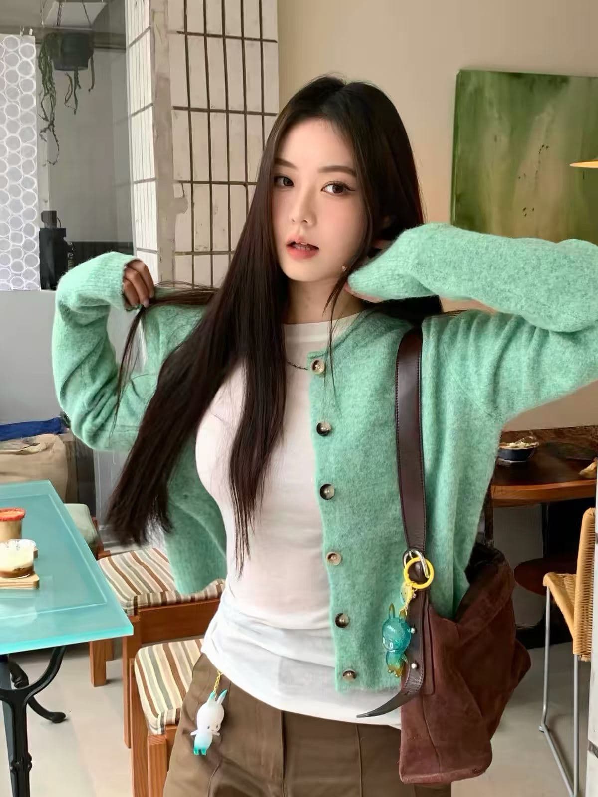 박하 녹색 레트로 볼륨 측면 니트 오픈 가디건 스웨터 여자 2026 새로운 봄 가을 부드러운 찹쌀 이른 봄 외부 잡아라. 의류 상세 이미지 1