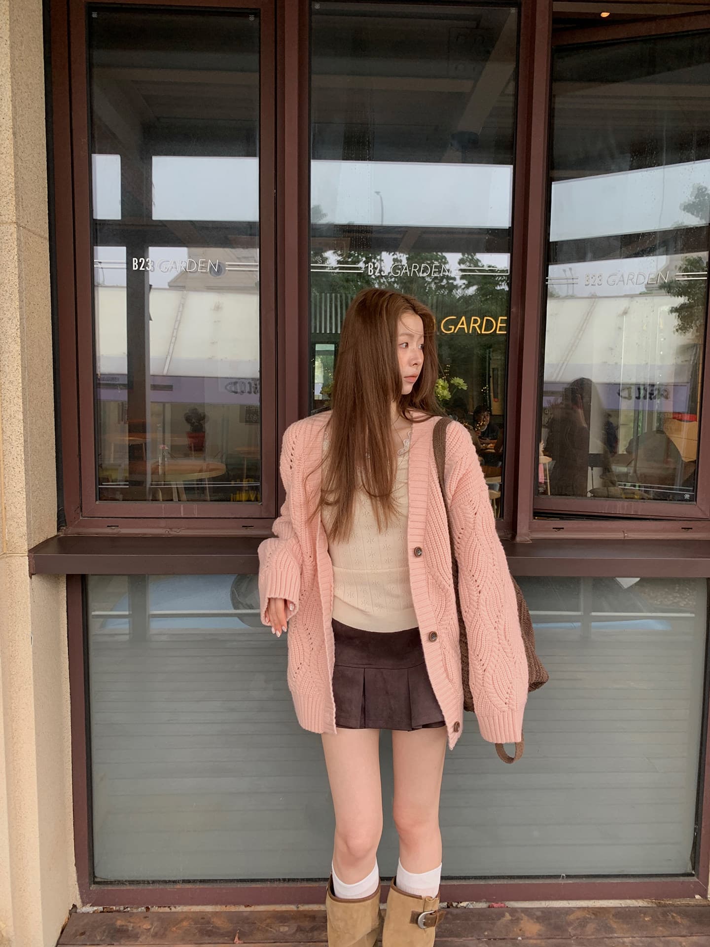 레드 맨 파빌리온 니트 오픈 가디건 여성 한 부서 가을 착용 잡아라. 의류 외부 가져 가라. 분위기 센스 핑크색 느긋한 바람 스웨터 코트 이미지 4