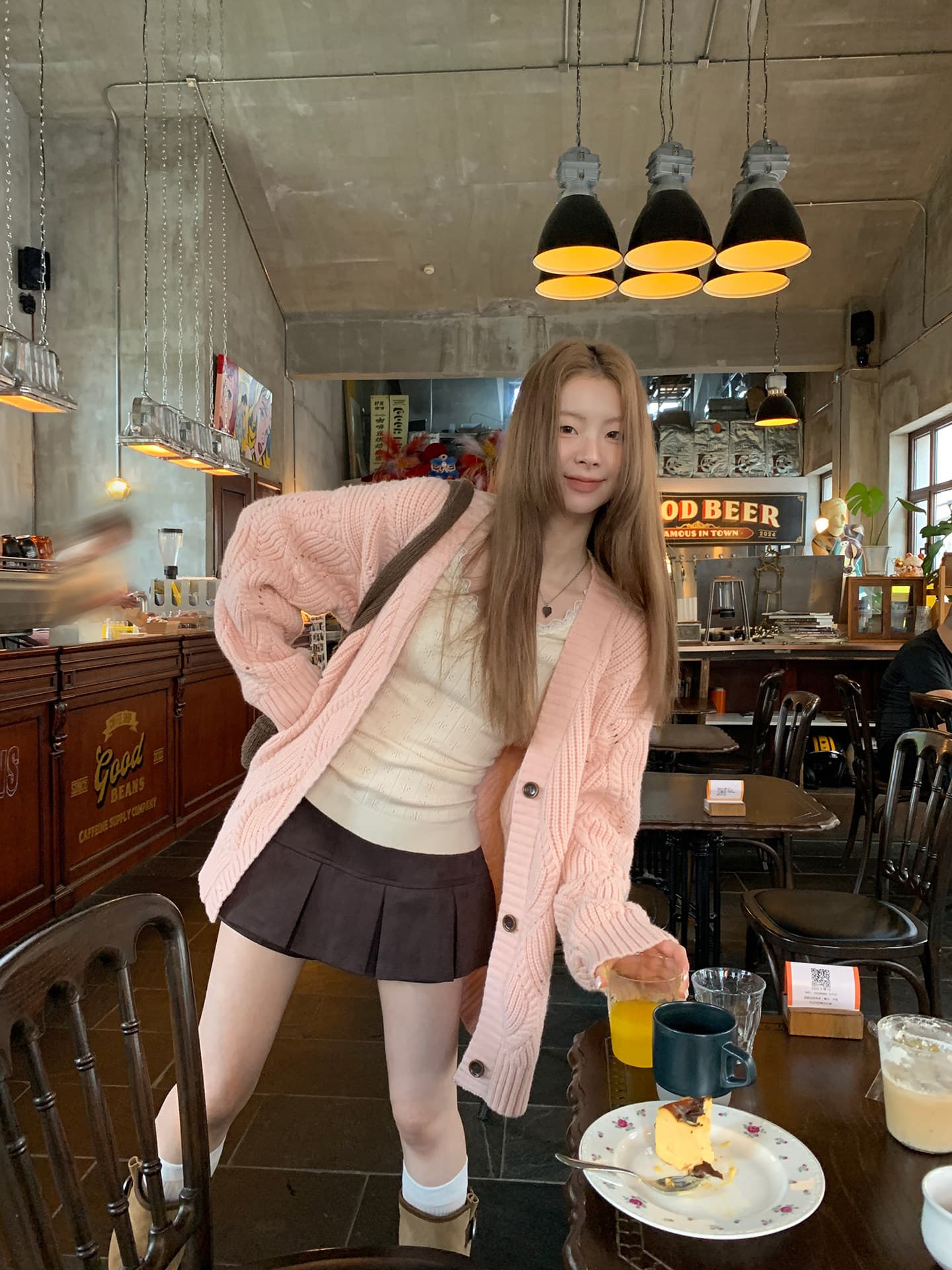 레드 맨 파빌리온 니트 오픈 가디건 여성 한 부서 가을 착용 잡아라. 의류 외부 가져 가라. 분위기 센스 핑크색 느긋한 바람 스웨터 코트 이미지 3