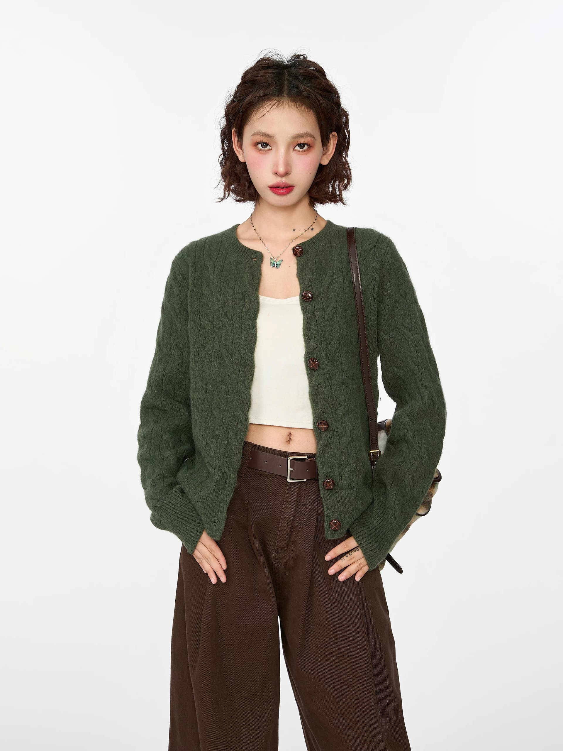 녹색 꽈배기 스웨터 니트 오픈 가디건 여성 코트 이른 가을 가을 인사이드 가져 가라. 만나는 쇼트 스타일 니트 스웨터 긴팔 맨위 상세 이미지 5