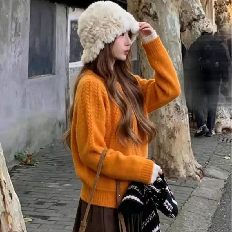 작은 키 주황색 부드러운 찹쌀 오픈 가디건 스웨터 여성 코트 가을 겨울 외부 가져 가라. 느긋한 바람 루즈핏 두꺼운 니트 스웨터 맨위 상세 이미지 4