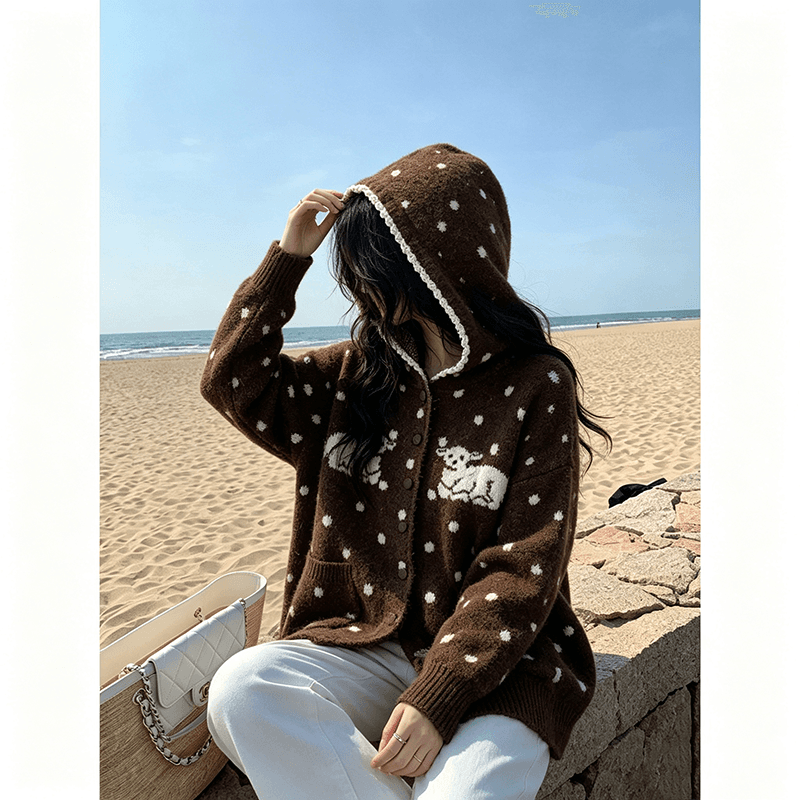 한 부서 어린 양 도트 무늬 후드 니트 오픈 가디건 여성 가을 겨울 와이드 부드러운 찹쌀 느긋한 바람 주머니 스웨터 코트 이미지 4
