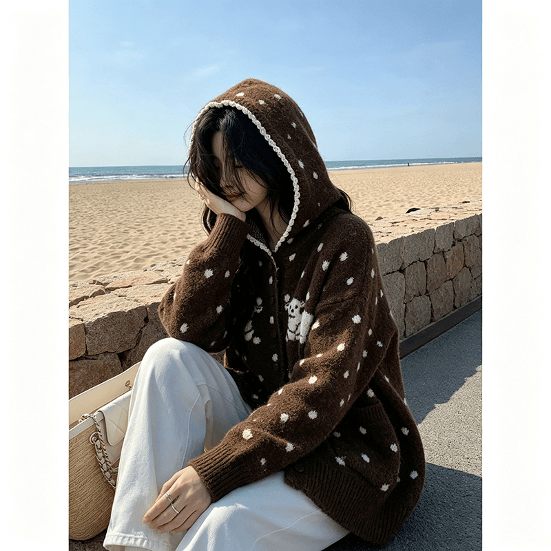 한 부서 어린 양 도트 무늬 후드 니트 오픈 가디건 여성 가을 겨울 와이드 부드러운 찹쌀 느긋한 바람 주머니 스웨터 코트 이미지 3