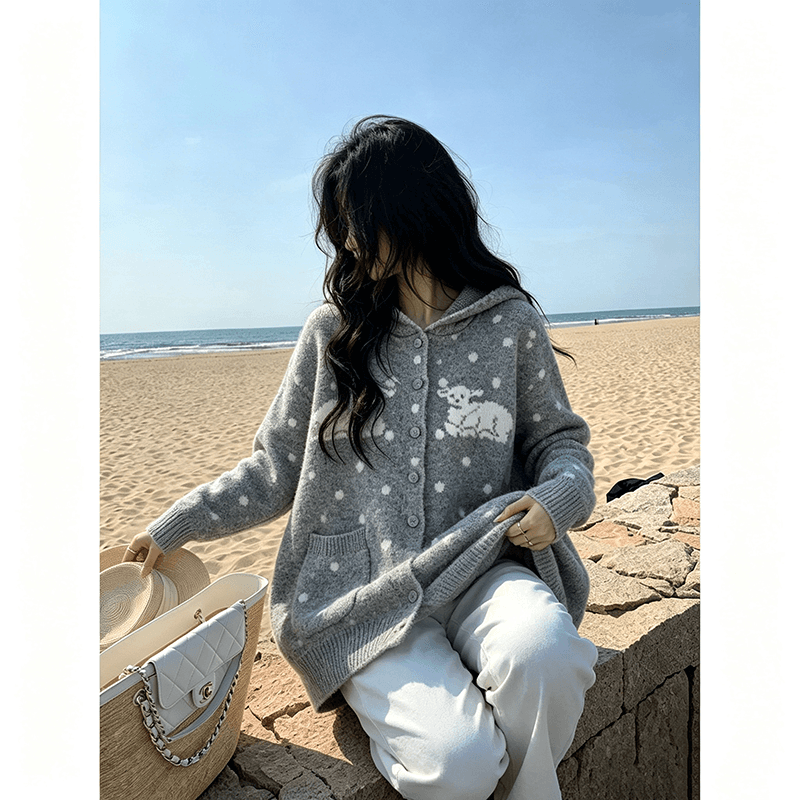 한 부서 어린 양 도트 무늬 후드 니트 오픈 가디건 여성 가을 겨울 와이드 부드러운 찹쌀 느긋한 바람 주머니 스웨터 코트 상세 이미지 2
