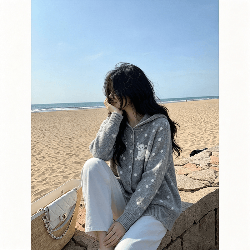 한 부서 어린 양 도트 무늬 후드 니트 오픈 가디건 여성 가을 겨울 와이드 부드러운 찹쌀 느긋한 바람 주머니 스웨터 코트 상세 이미지 3