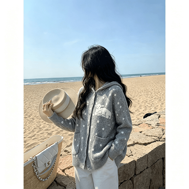 한 부서 어린 양 도트 무늬 후드 니트 오픈 가디건 여성 가을 겨울 와이드 부드러운 찹쌀 느긋한 바람 주머니 스웨터 코트 상세 이미지 4