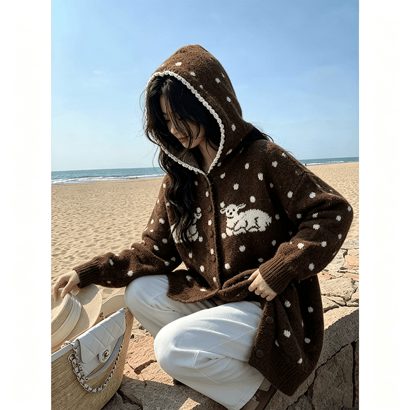 한 부서 어린 양 도트 무늬 후드 니트 오픈 가디건 여성 가을 겨울 와이드 부드러운 찹쌀 느긋한 바람 주머니 스웨터 코트 상세 이미지 6