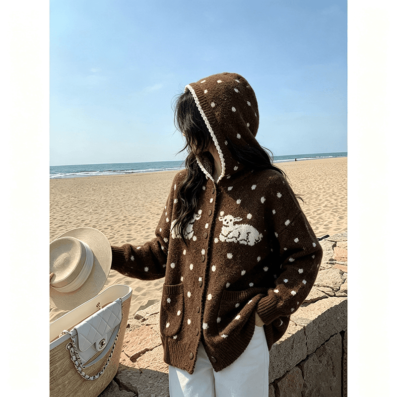 한 부서 어린 양 도트 무늬 후드 니트 오픈 가디건 여성 가을 겨울 와이드 부드러운 찹쌀 느긋한 바람 주머니 스웨터 코트 상세 이미지 7