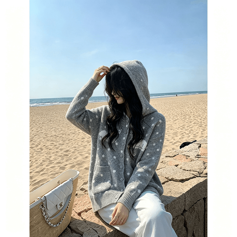 한 부서 어린 양 도트 무늬 후드 니트 오픈 가디건 여성 가을 겨울 와이드 부드러운 찹쌀 느긋한 바람 주머니 스웨터 코트 상세 이미지 11