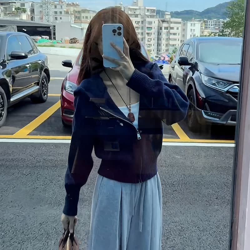 빅 사이즈 여성 의류 쇼트 스타일 지퍼 후드 니트 열기 스웨터 코트 가을 새로운 지방 mm 자이언트 슬림해 보이는 작은 셔츠 맨위 이미지 5