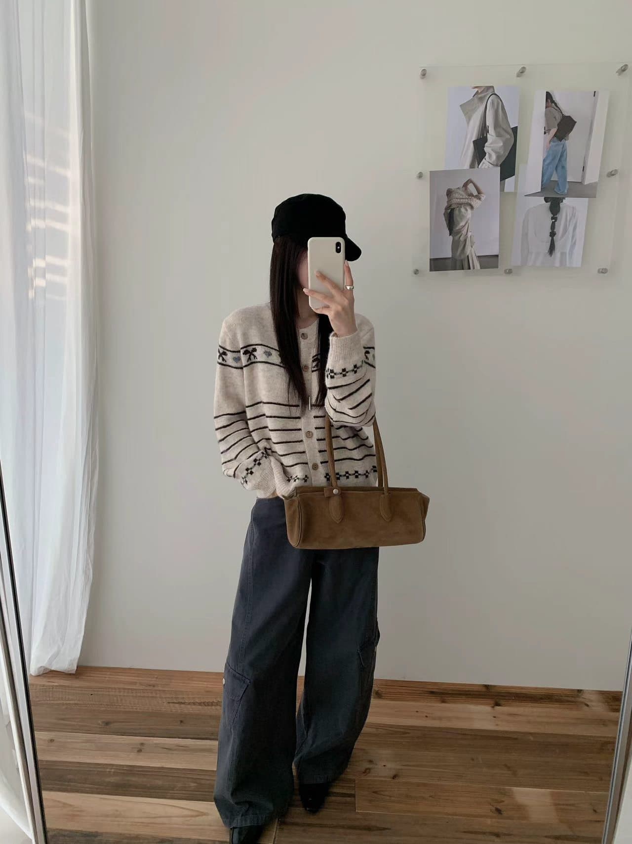 공정한 섬 나비 매듭 자카드 오픈 가디건 여성 라운드 넥 나무 버클 부드러운 찹쌀 스트라이프 루즈핏 부드러운 니트 재킷 상세 이미지 5