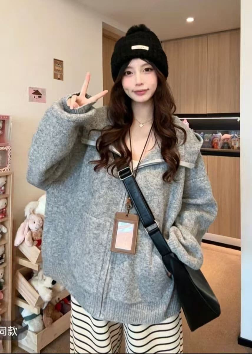 프랑스식 레트로 스타일 지퍼 후드 스웨터 여성 코트 가을 겨울 2026 새로운 플러스 두껍고 부드러운 찹쌀 니트 오픈 가디건 맨위