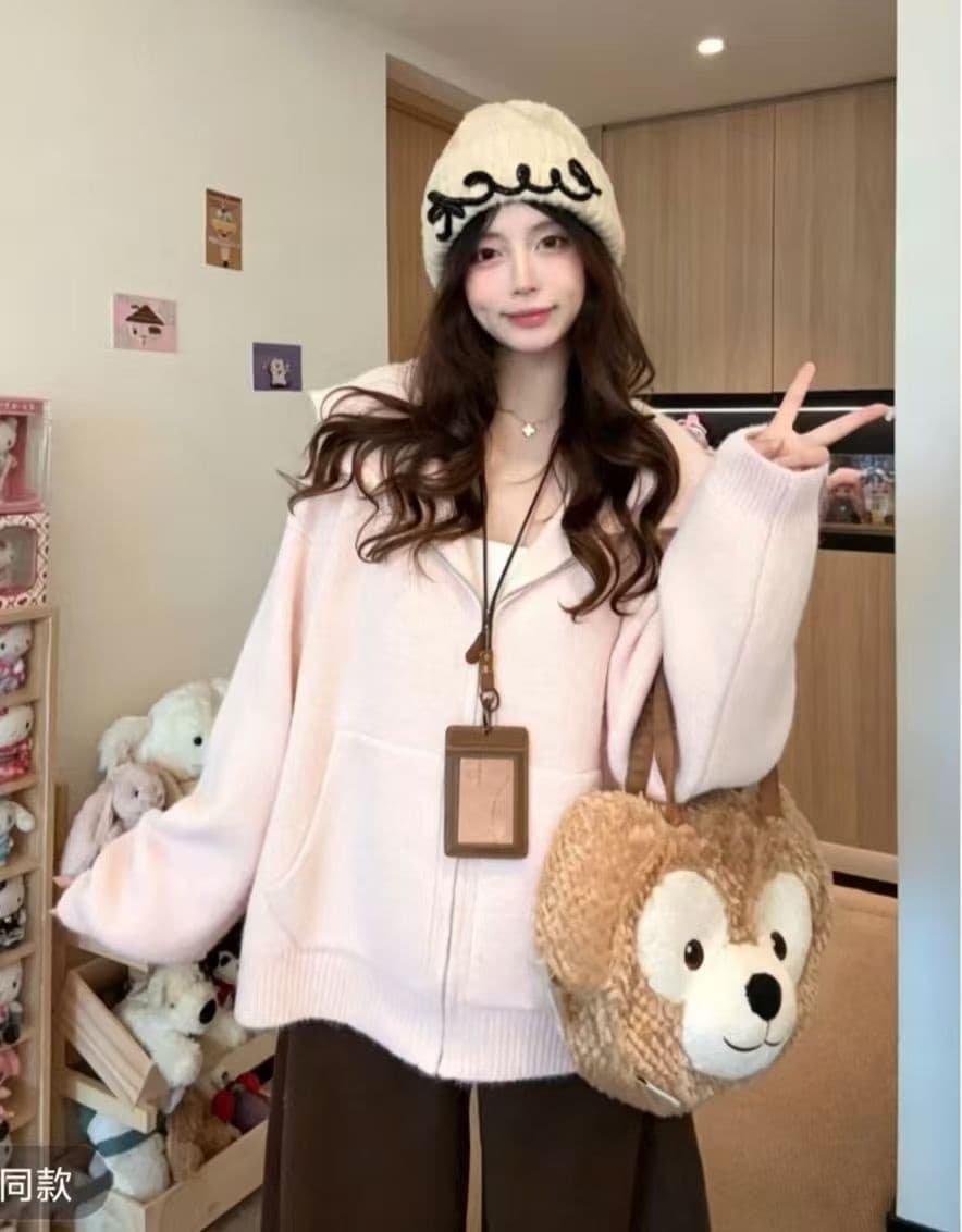 프랑스식 레트로 스타일 지퍼 후드 스웨터 여성 코트 가을 겨울 2026 새로운 플러스 두껍고 부드러운 찹쌀 니트 오픈 가디건 맨위 이미지 3