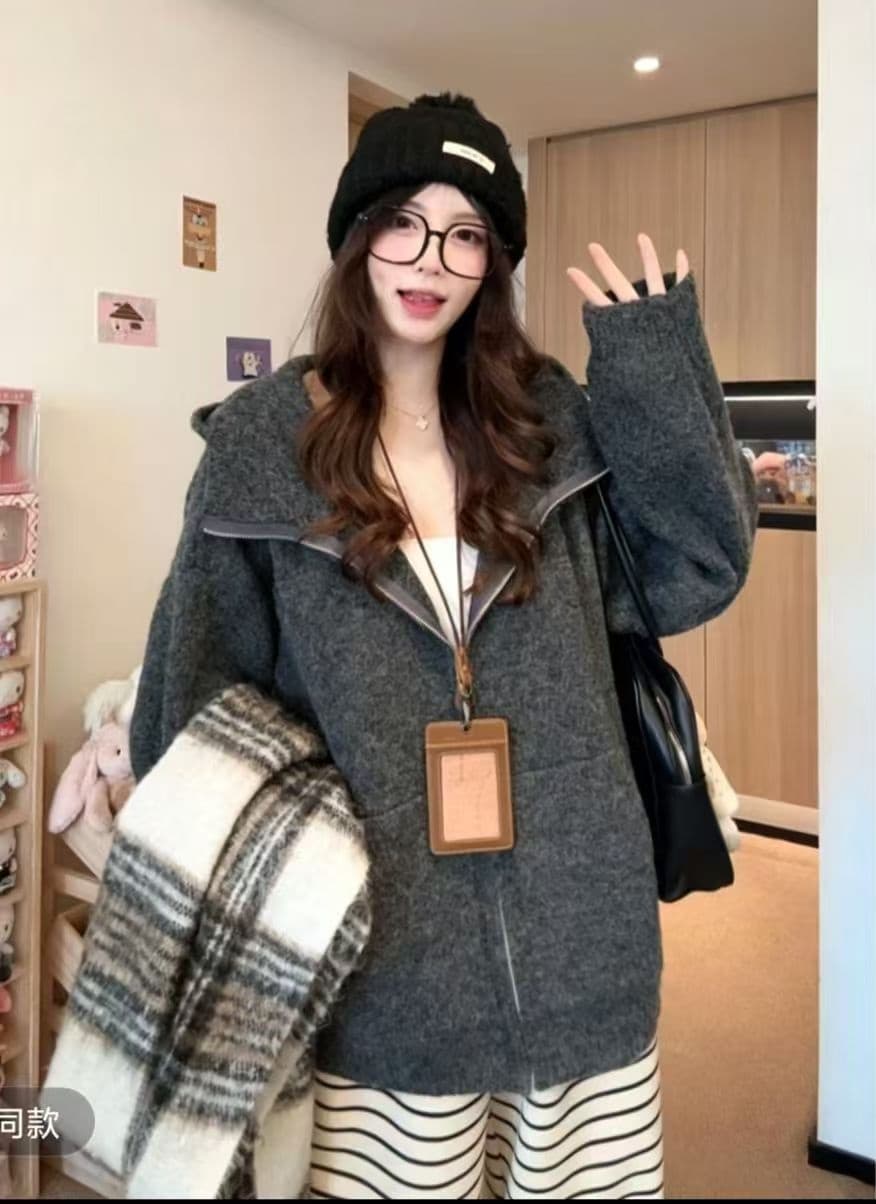 프랑스식 레트로 스타일 지퍼 후드 스웨터 여성 코트 가을 겨울 2026 새로운 플러스 두껍고 부드러운 찹쌀 니트 오픈 가디건 맨위 이미지 4