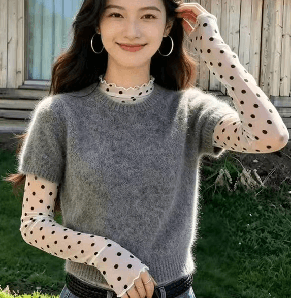 작은 요정 니켈 어린이 화이트 라운드 넥 양모 니트 스웨터 여성 가을 작은 대중 스택 착용 반팔 모직물 보온 맨위 재킷 상세 이미지 1