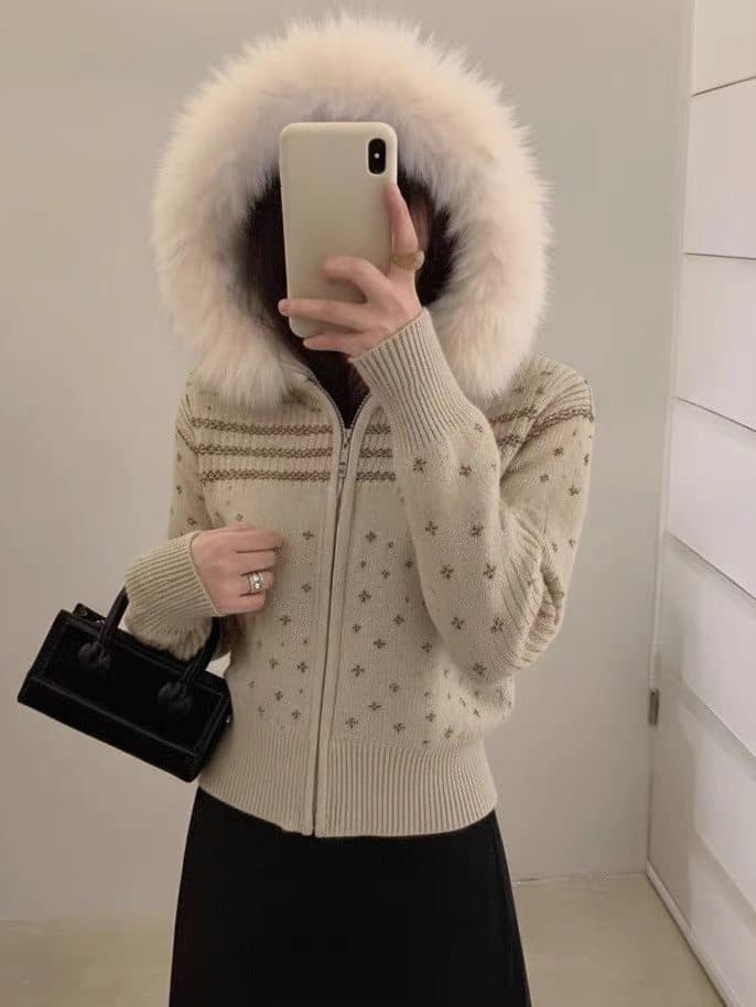 공정한 섬 후드 모피 칼라 지퍼 스웨터 여성 코트 가을 겨울 새로운 레트로 품격 두꺼운 쇼트 스타일 니트 오픈 가디건 상세 이미지 2