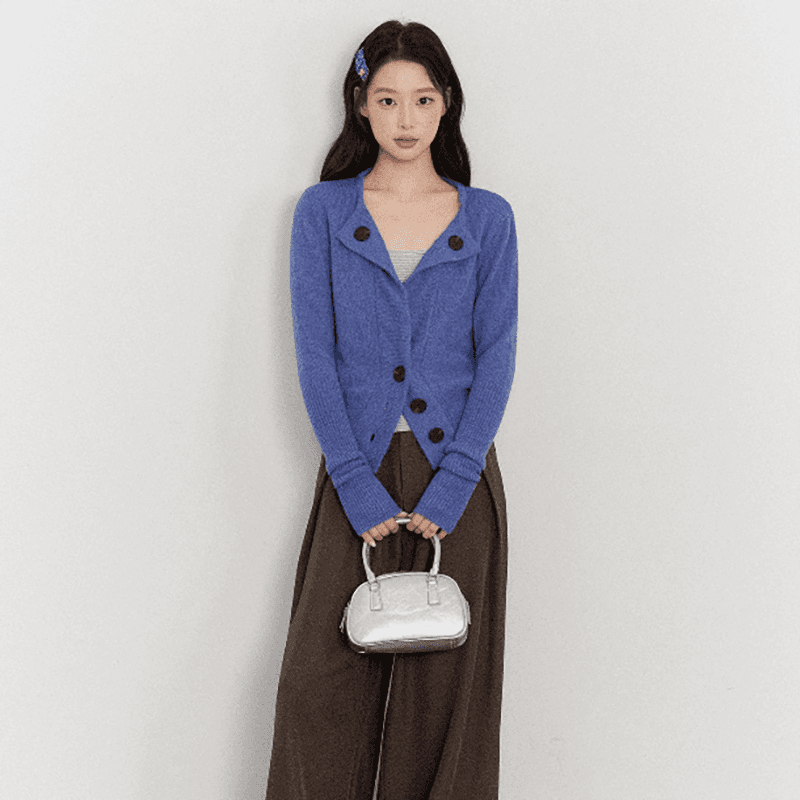 톰 글 래 원인 블루 불규칙 비스듬한 버클 니트 오픈 가디건 여성 이른 가을 디자인 센스 쇼트 스타일 슬림해 보이는 부드러운 스웨터 코트 상세 이미지 1