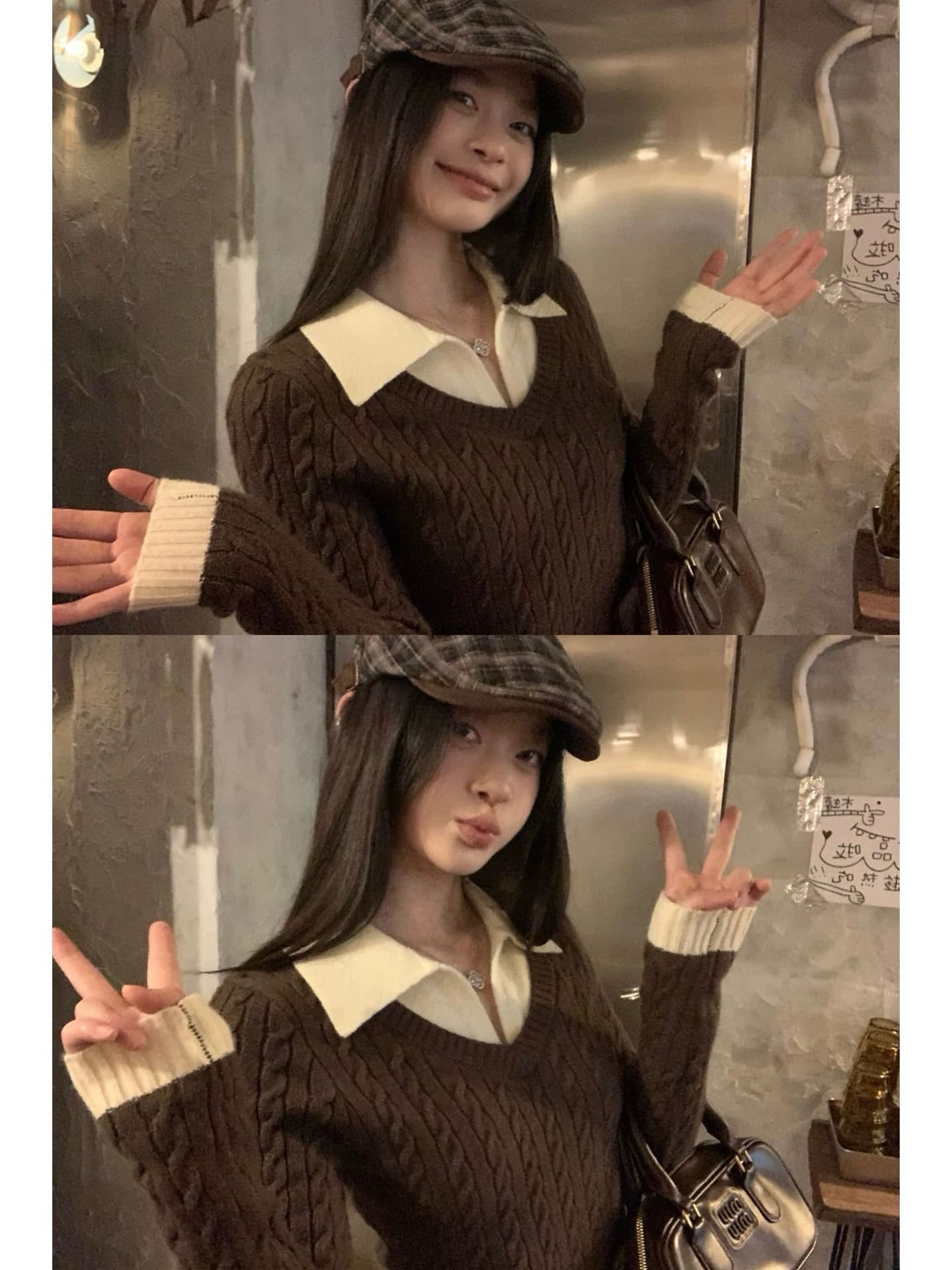 송 긍정적 인 En 커피 색상 POLO 칼라 페이크 레이어드 니트 스웨터 여성 겨울 의류 인사이드 가져 가라. 몸매 가꾸기 쇼트 스타일 긴팔 작은 맨위 이미지 2