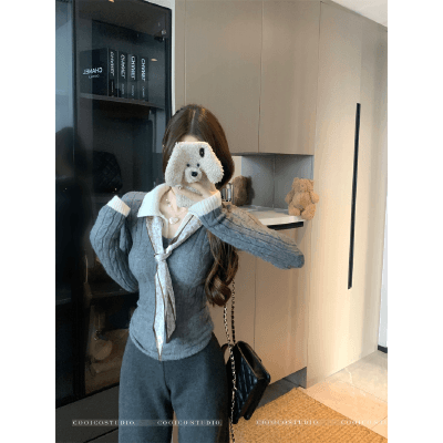 송 긍정적 인 En 커피 색상 POLO 칼라 페이크 레이어드 니트 스웨터 여성 겨울 의류 인사이드 가져 가라. 몸매 가꾸기 쇼트 스타일 긴팔 작은 맨위 상세 이미지 2