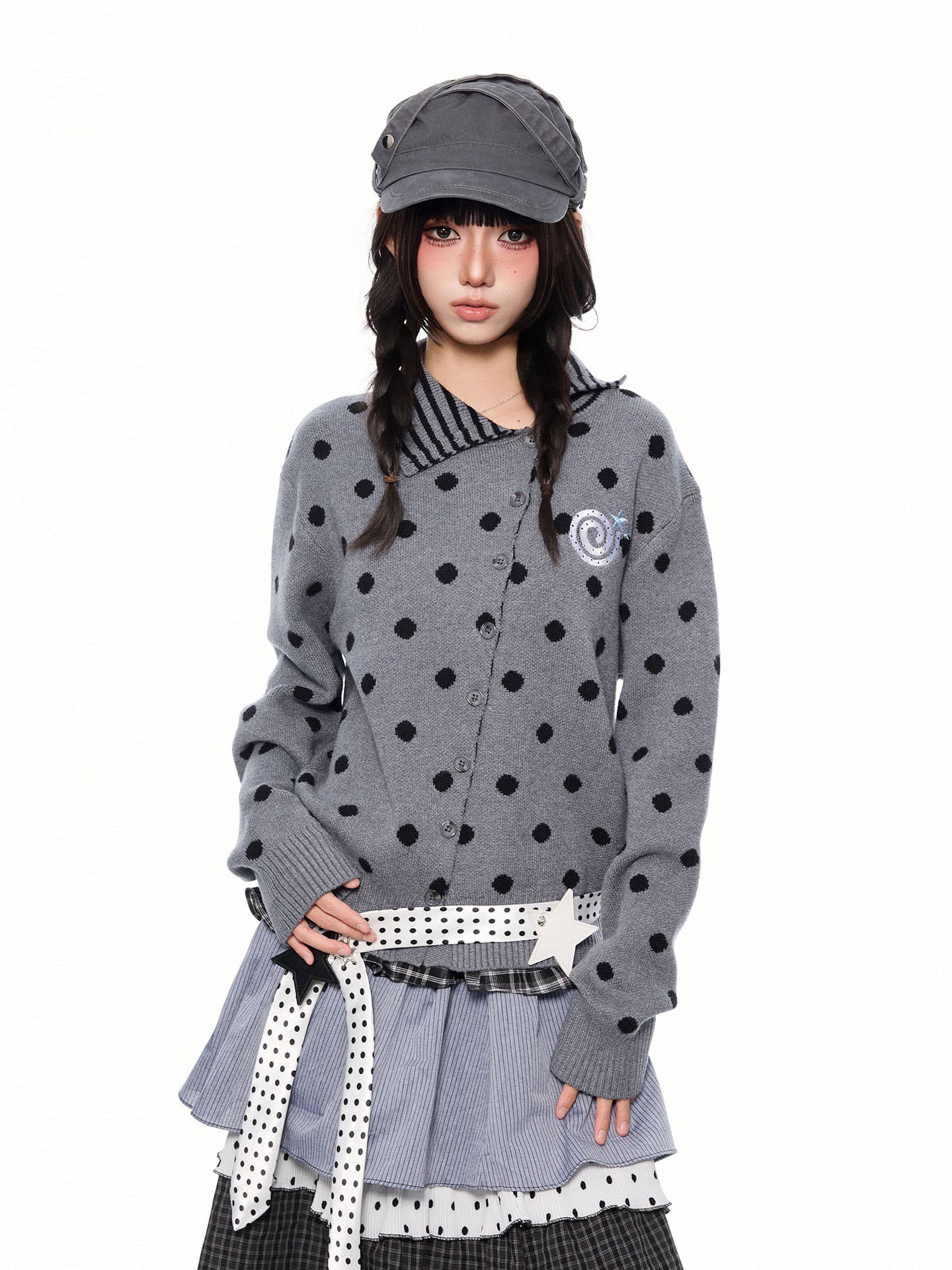 한 부서 소녀 도트 무늬 단일 행 비스듬한 버클 폴로 칼라 니트 스웨터 여성 이른 가을 루즈핏 다용도 스웨터 코트 상세 이미지 3