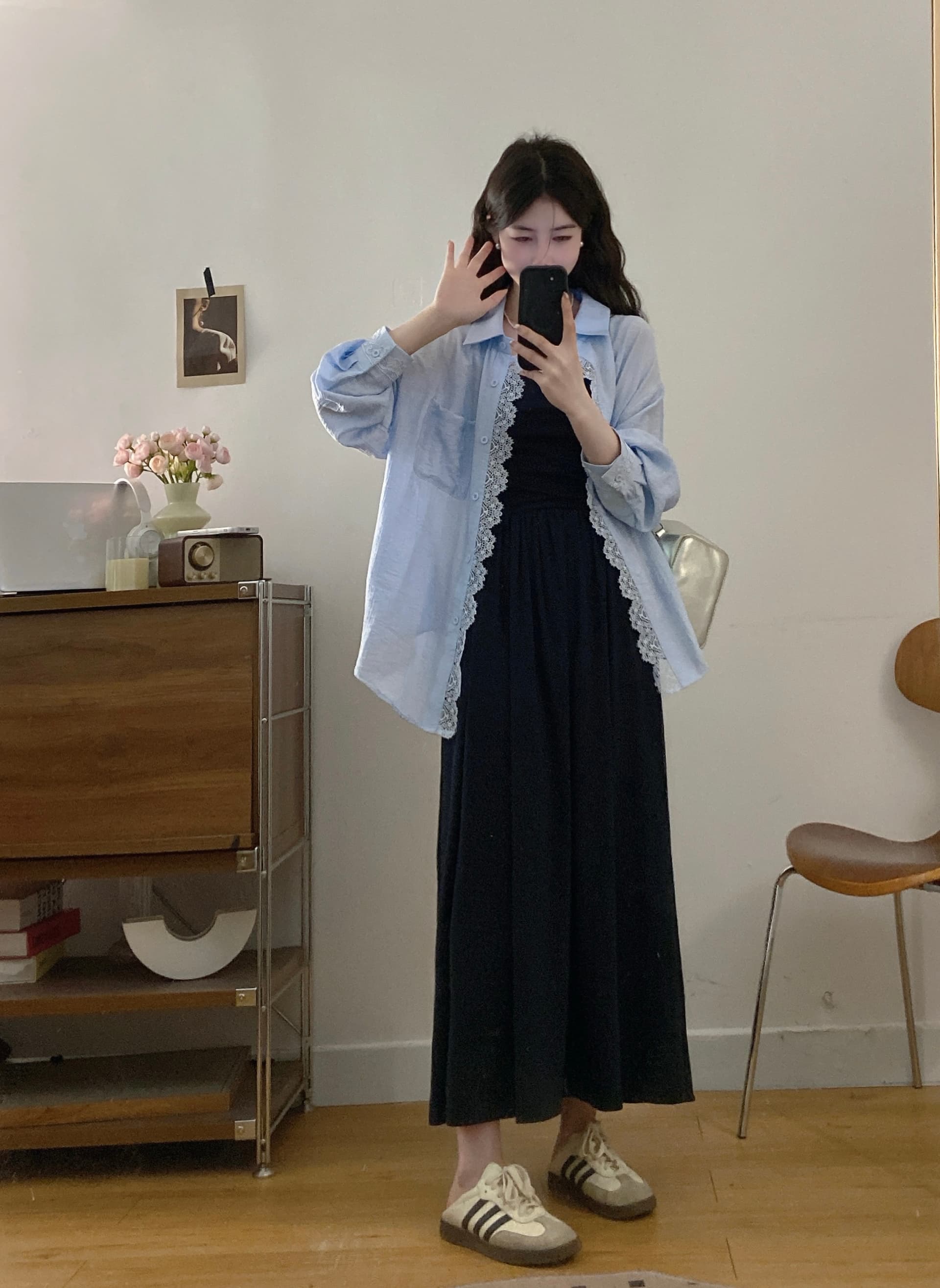 실사 빅 사이즈 레이스 레이스 루즈핏 슬림해 보이는 느긋한 품격 자외선 차단 셔츠 점프 슈트 치마 세트 이미지 4