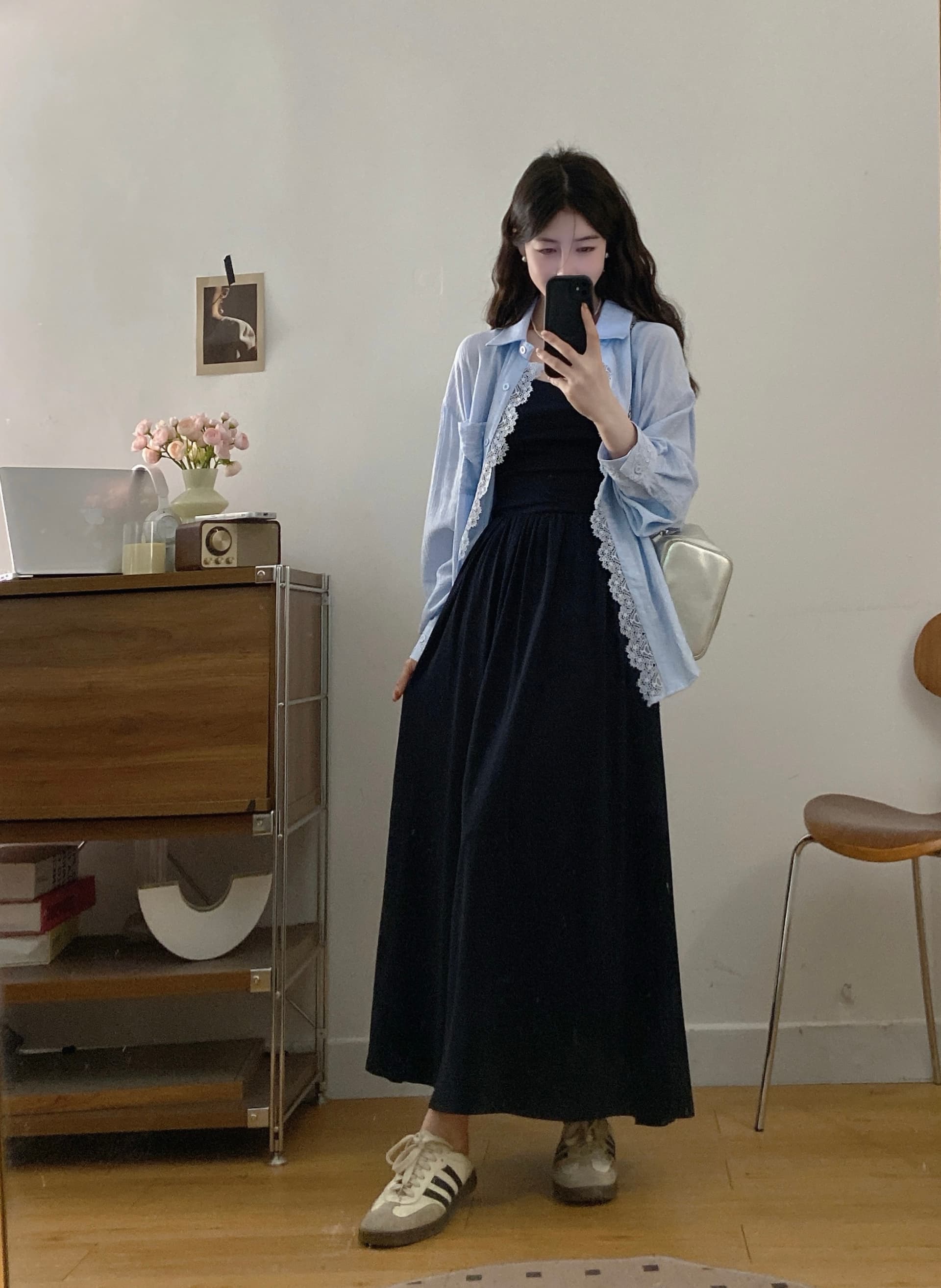 실사 빅 사이즈 레이스 레이스 루즈핏 슬림해 보이는 느긋한 품격 자외선 차단 셔츠 점프 슈트 치마 세트 상세 이미지 3
