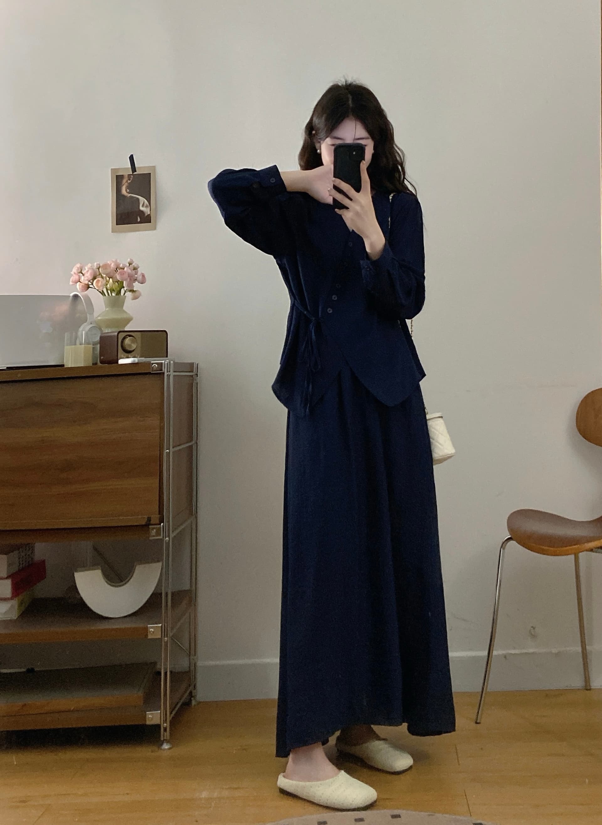 프랑스식 허리 수축 품격 세트 여성 2026 봄 빅 사이즈 지방 mm 레이스 업 셔츠 슬림해 보이는 반신 스커트 투피스 세트 상세 이미지 6