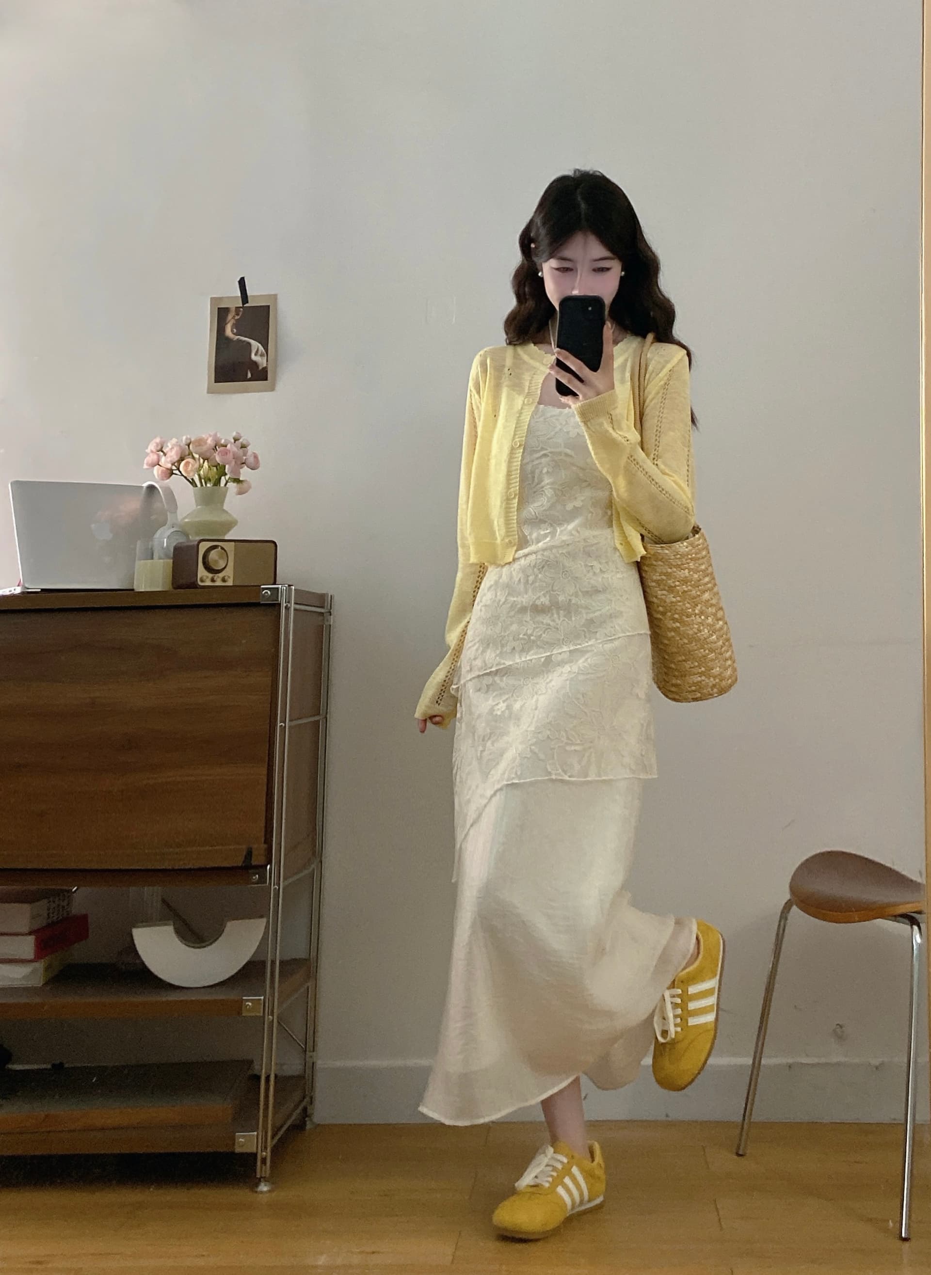 실사 프랑스식 품격 부드러운 바람 레이스 V넥 슬립 여성 드레스 여름 롱 스커트 니트 오픈 가디건 세트 이미지 3