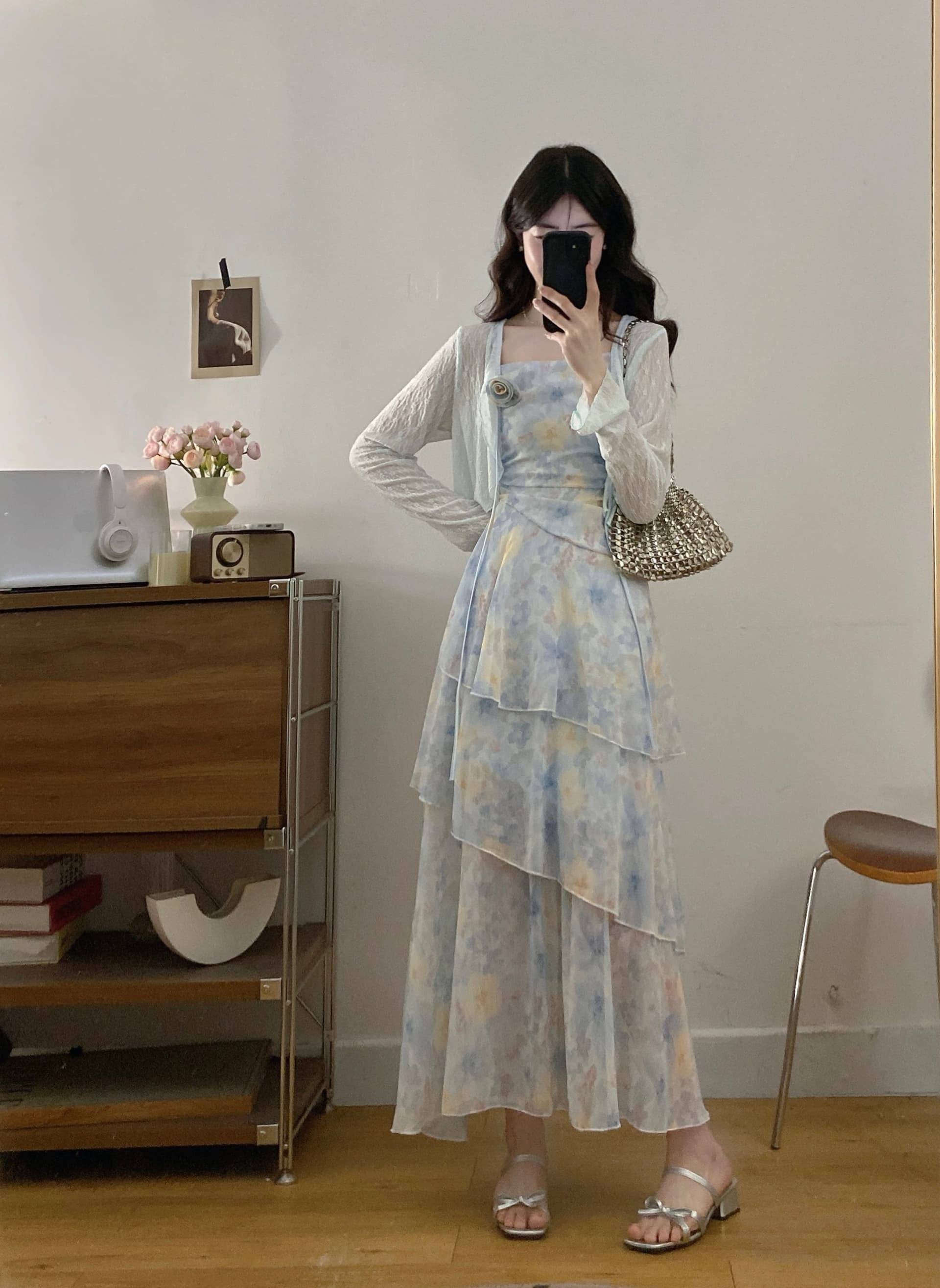 실사 프랑스식 부드러운 바람 새로운 휴가 착용 가져 가라. 꽃무늬 드레스 프릴 슬립 드레스 오픈 가디건 투피스 세트 이미지 2