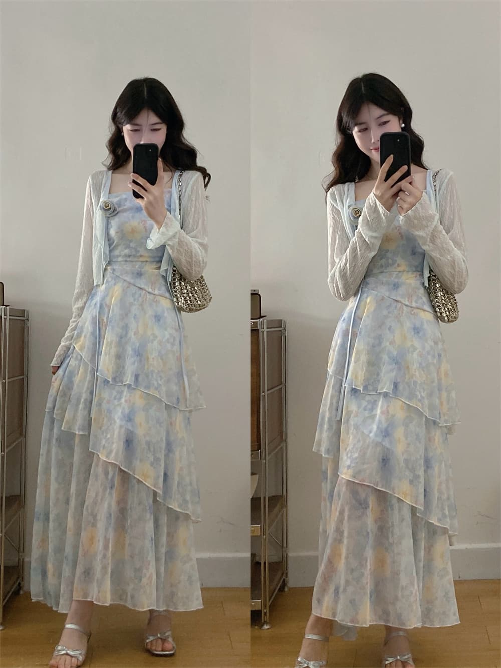 실사 프랑스식 부드러운 바람 새로운 휴가 착용 가져 가라. 꽃무늬 드레스 프릴 슬립 드레스 오픈 가디건 투피스 세트
