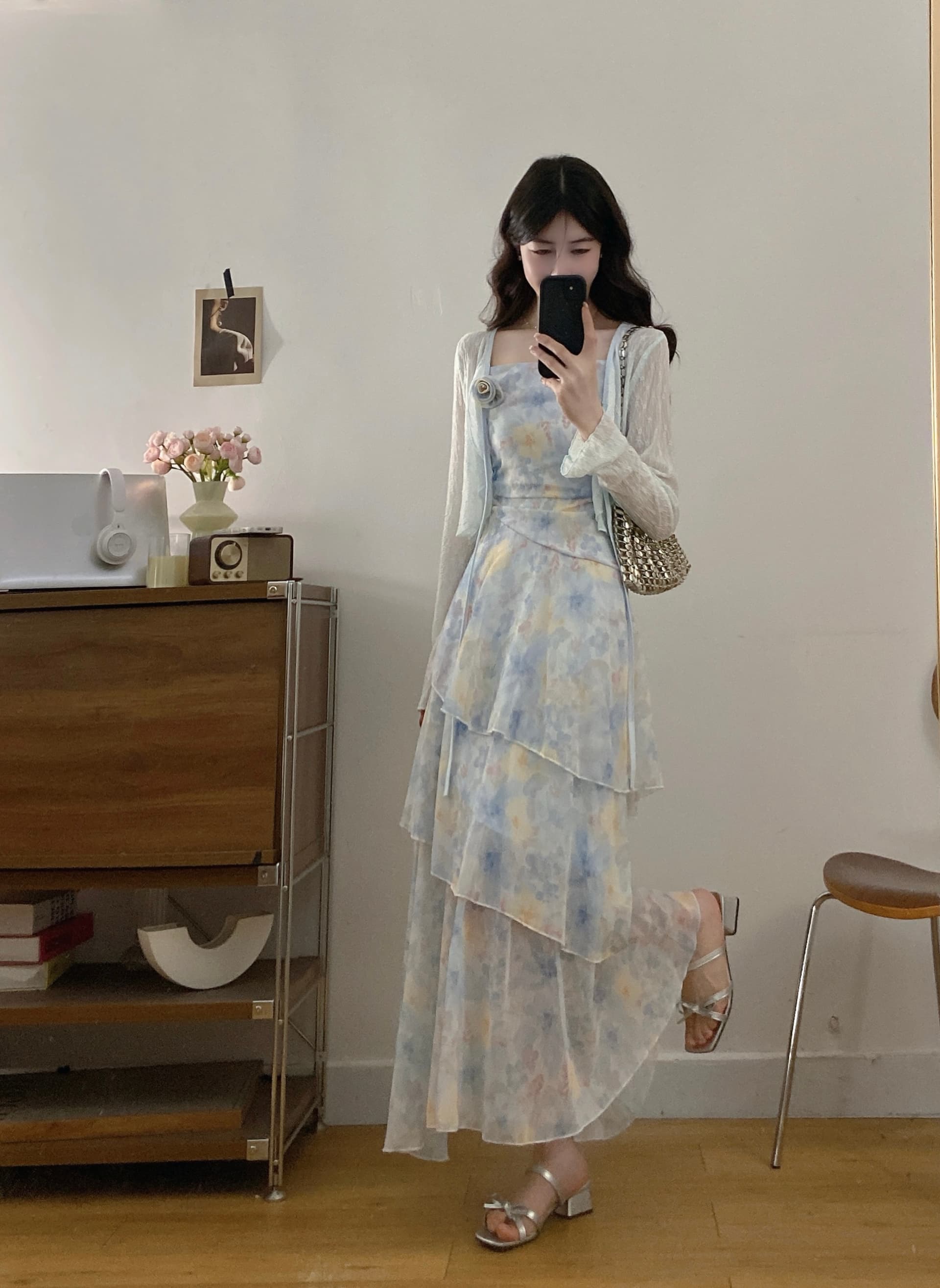 실사 프랑스식 부드러운 바람 새로운 휴가 착용 가져 가라. 꽃무늬 드레스 프릴 슬립 드레스 오픈 가디건 투피스 세트 이미지 4