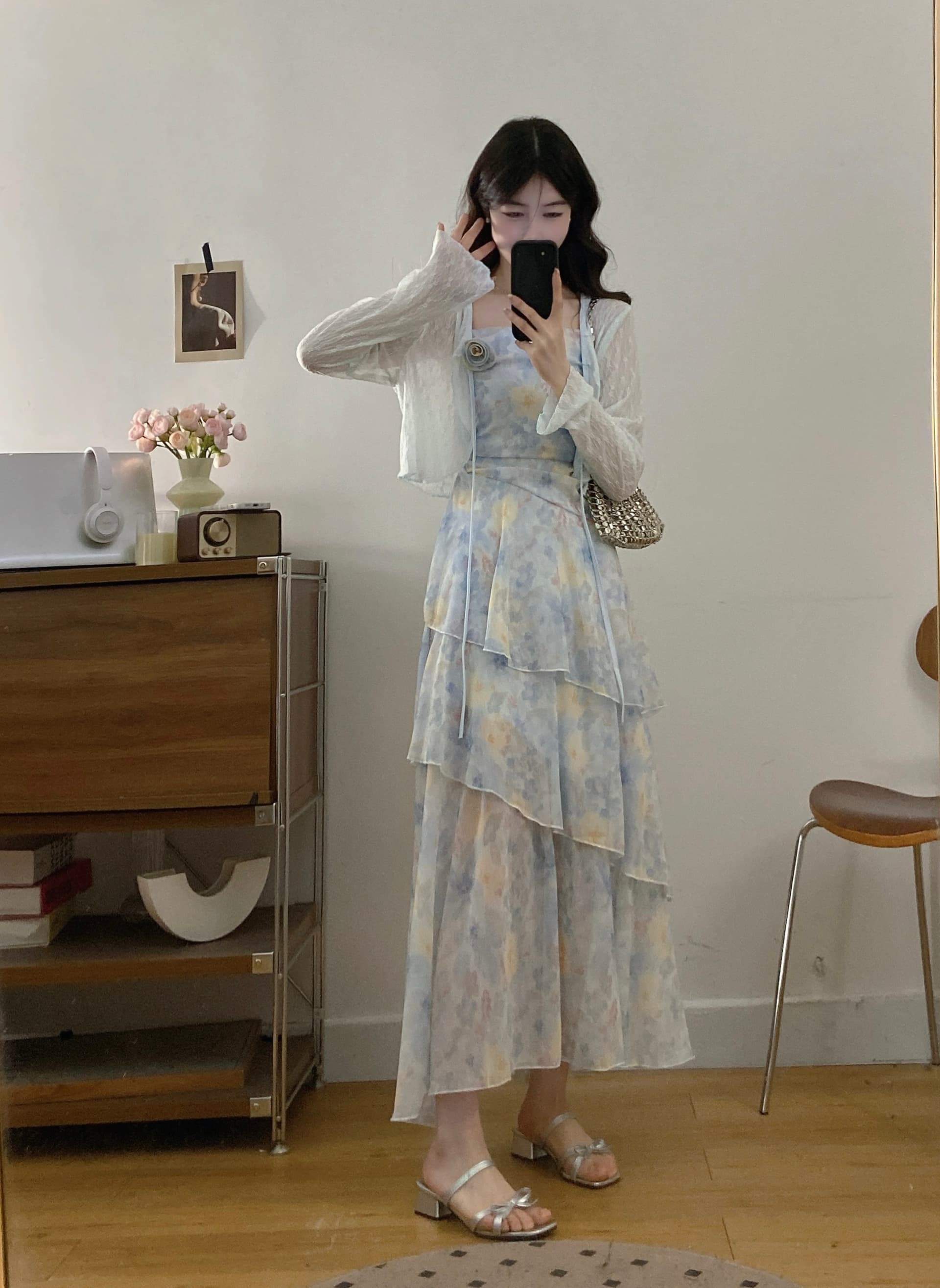 실사 프랑스식 부드러운 바람 새로운 휴가 착용 가져 가라. 꽃무늬 드레스 프릴 슬립 드레스 오픈 가디건 투피스 세트 상세 이미지 2
