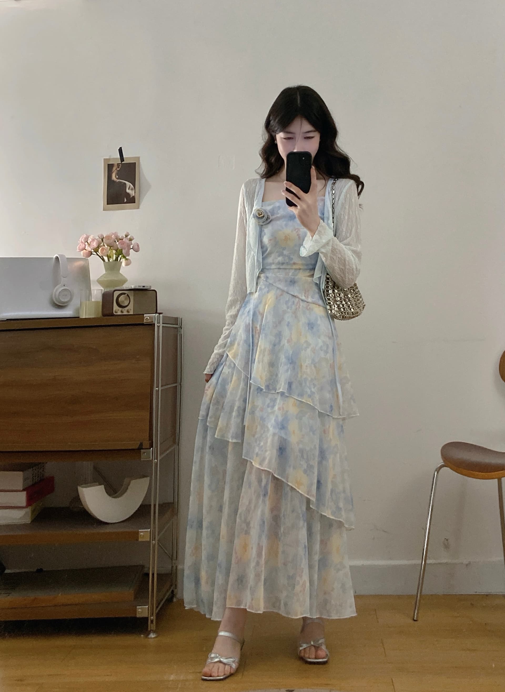 실사 프랑스식 부드러운 바람 새로운 휴가 착용 가져 가라. 꽃무늬 드레스 프릴 슬립 드레스 오픈 가디건 투피스 세트 상세 이미지 3