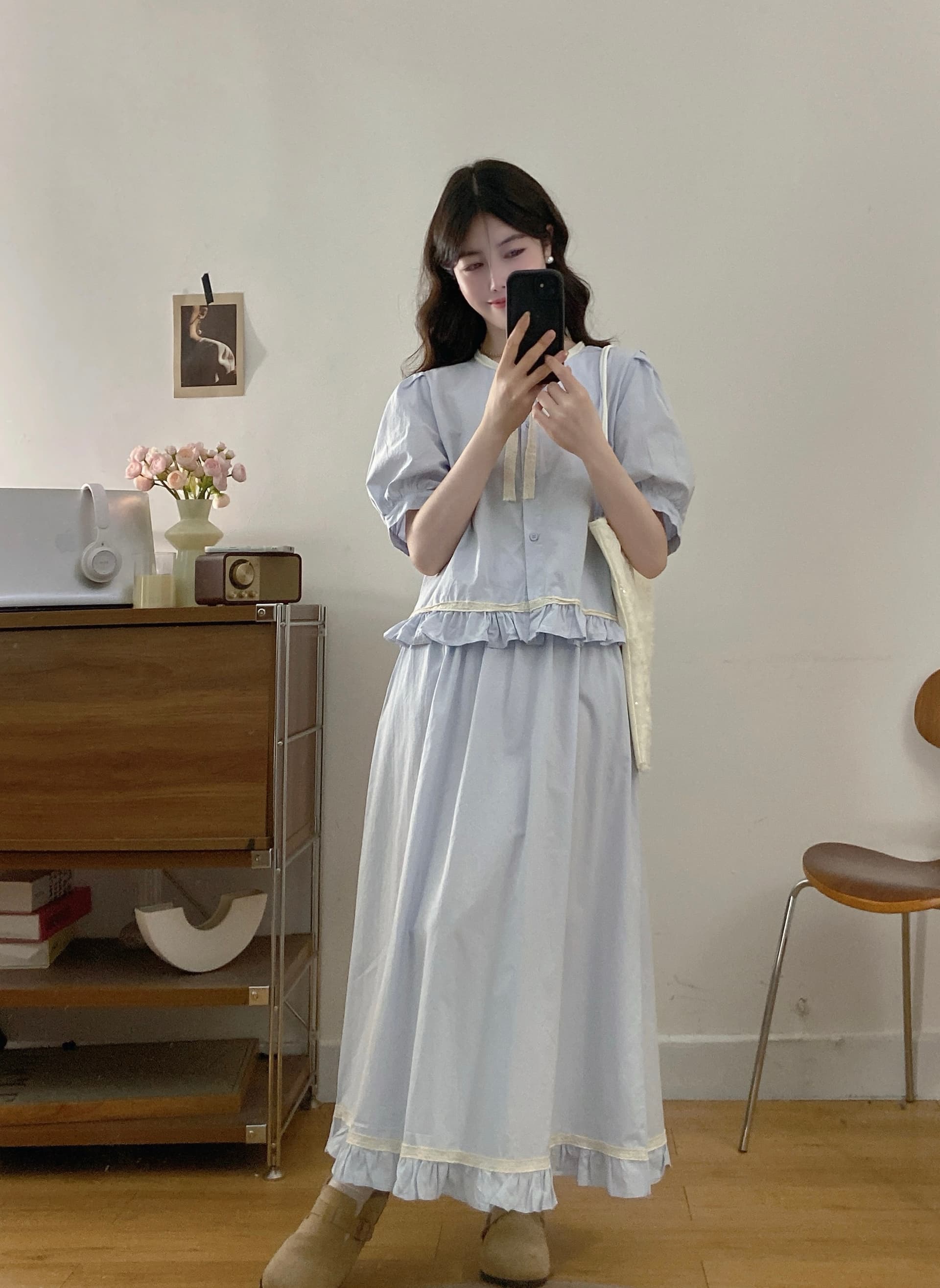 실사 프랑스식 품격 연령 감소 상쾌 파란색 프릴 레이스 레이스업 반팔 작은 셔츠 반신 치마 세트 상세 이미지 3