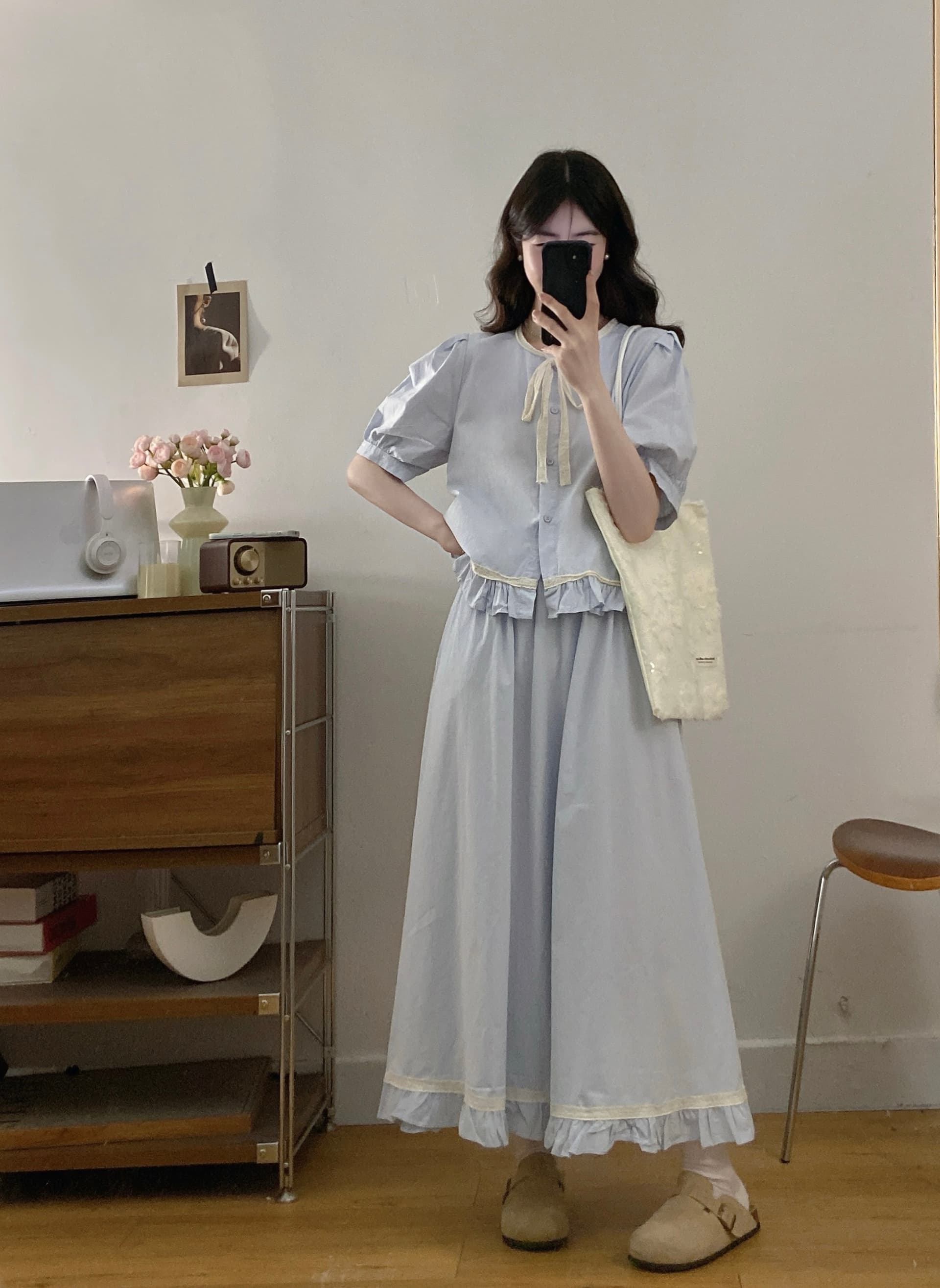 실사 프랑스식 품격 연령 감소 상쾌 파란색 프릴 레이스 레이스업 반팔 작은 셔츠 반신 치마 세트 상세 이미지 5