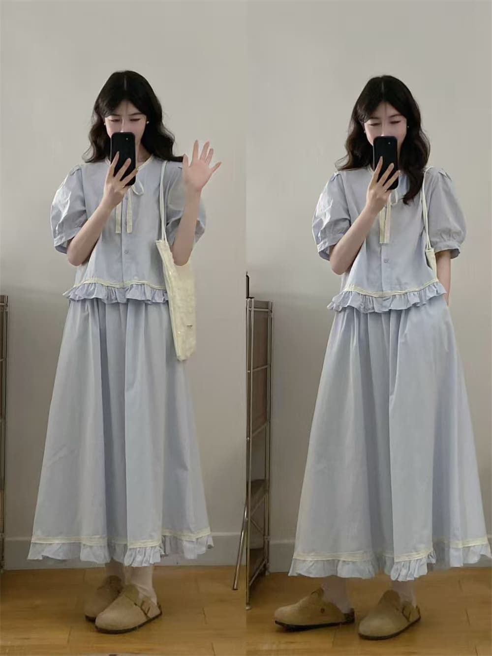 실사 프랑스식 품격 연령 감소 상쾌 파란색 프릴 레이스 레이스업 반팔 작은 셔츠 반신 치마 세트 상세 이미지 6