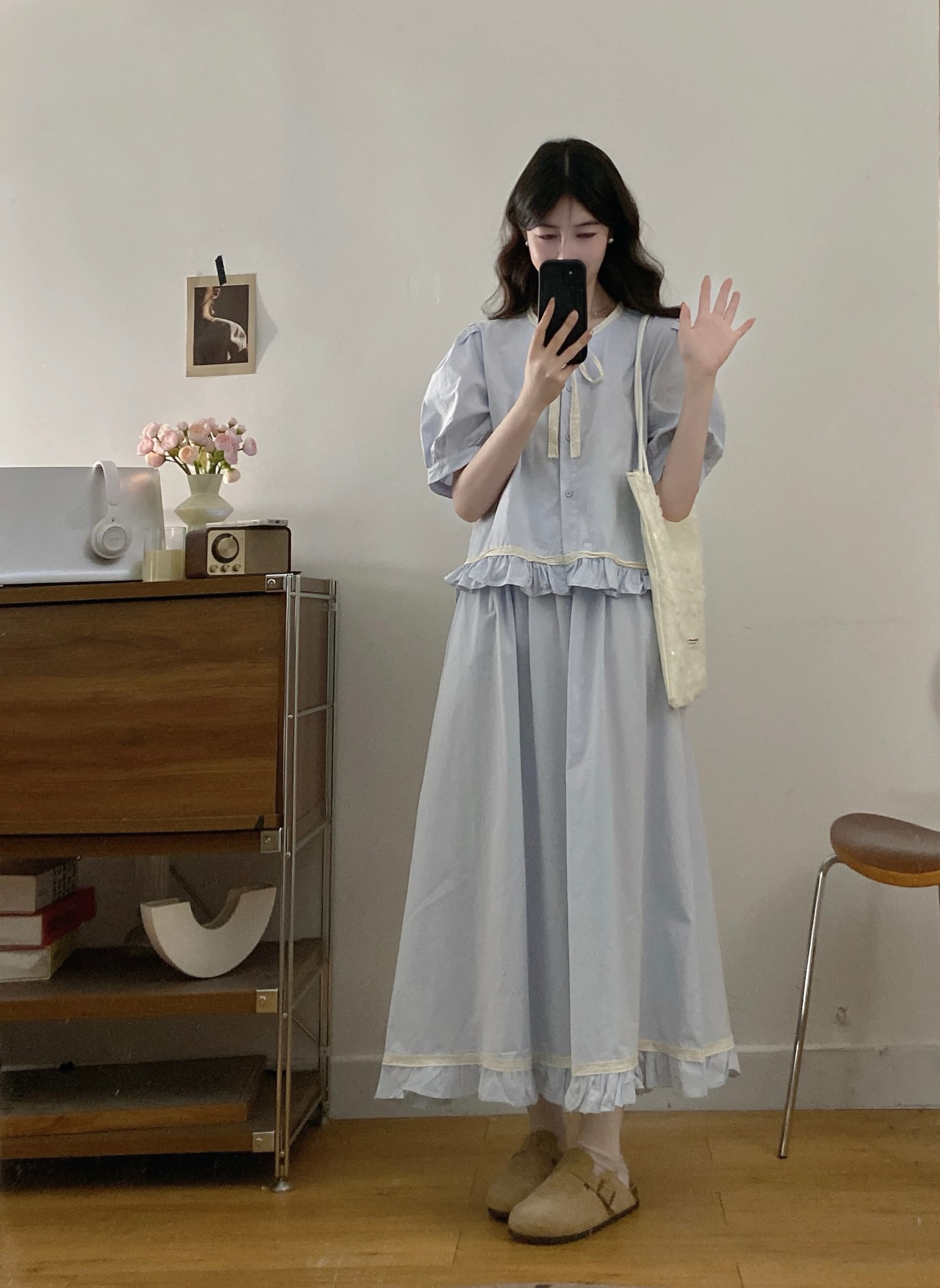 실사 프랑스식 품격 연령 감소 상쾌 파란색 프릴 레이스 레이스업 반팔 작은 셔츠 반신 치마 세트 상세 이미지 7
