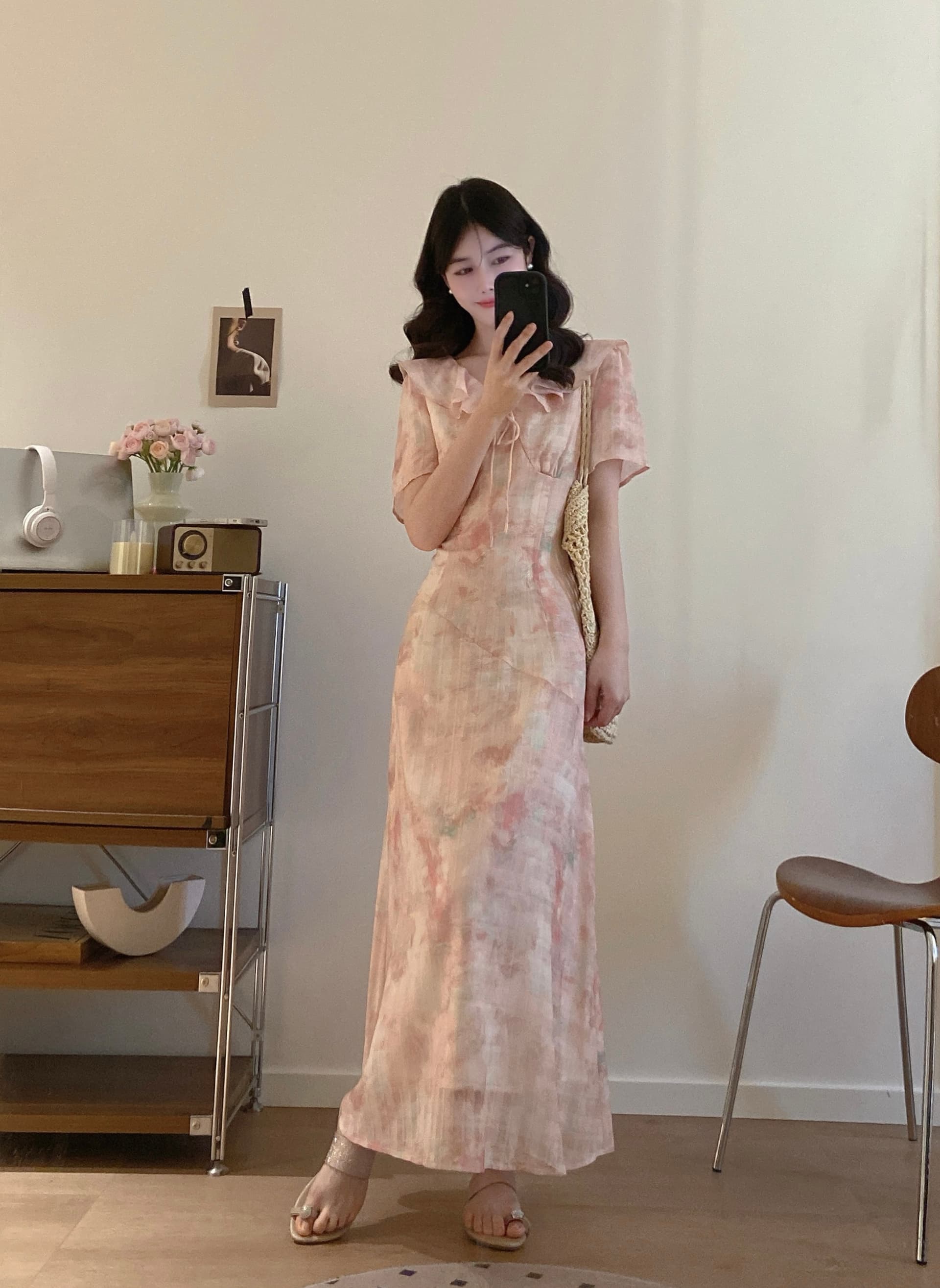 실사 빅 사이즈 프랑스식 휴가 바람 헤일로 염색 프린트 슬림해 보이는 드레스 여름 새로운 허리 수축 롱 스커트 상세 이미지 6